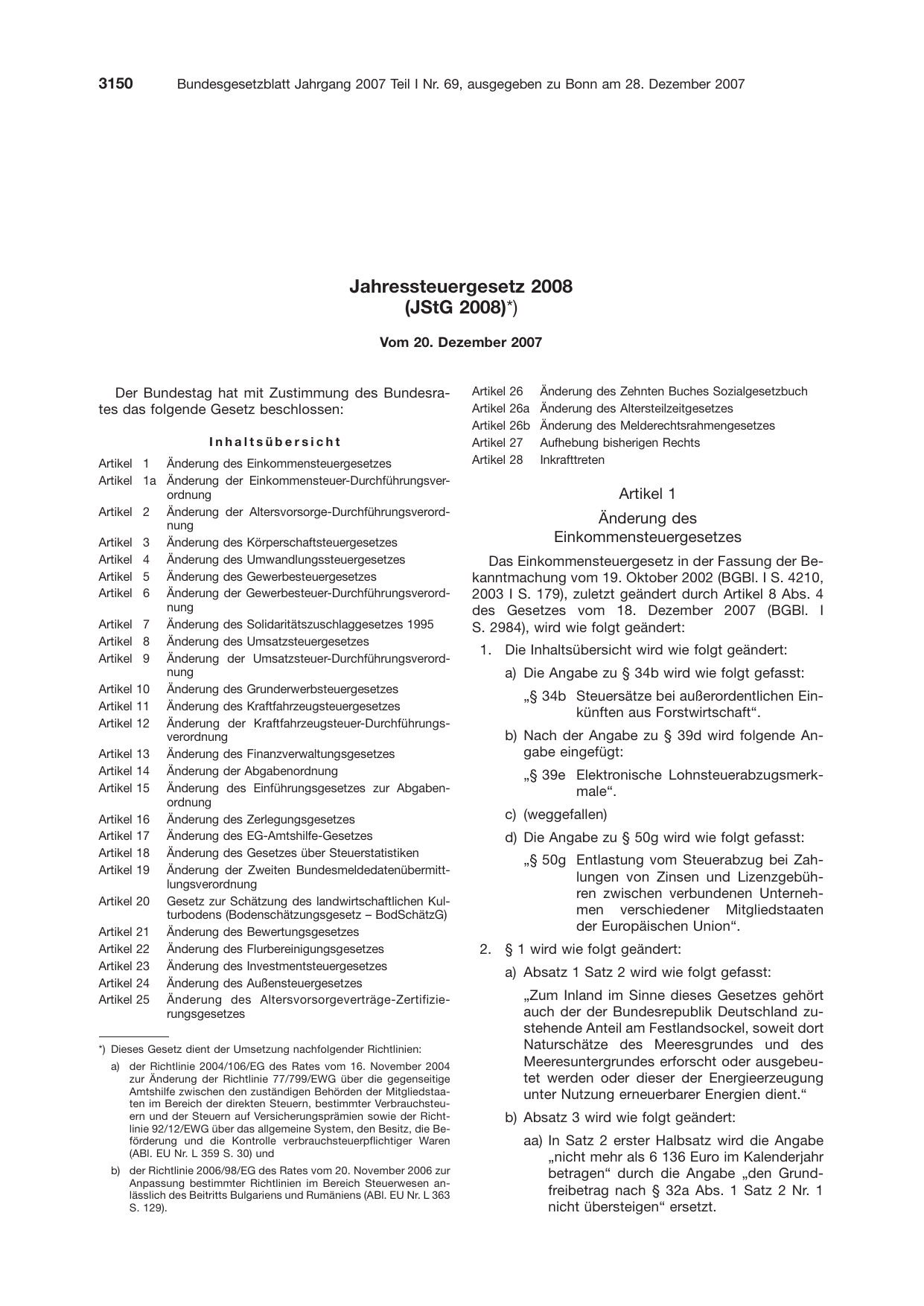 BGBl. 2007, Seite 3150 — Originalseite als Abbildung