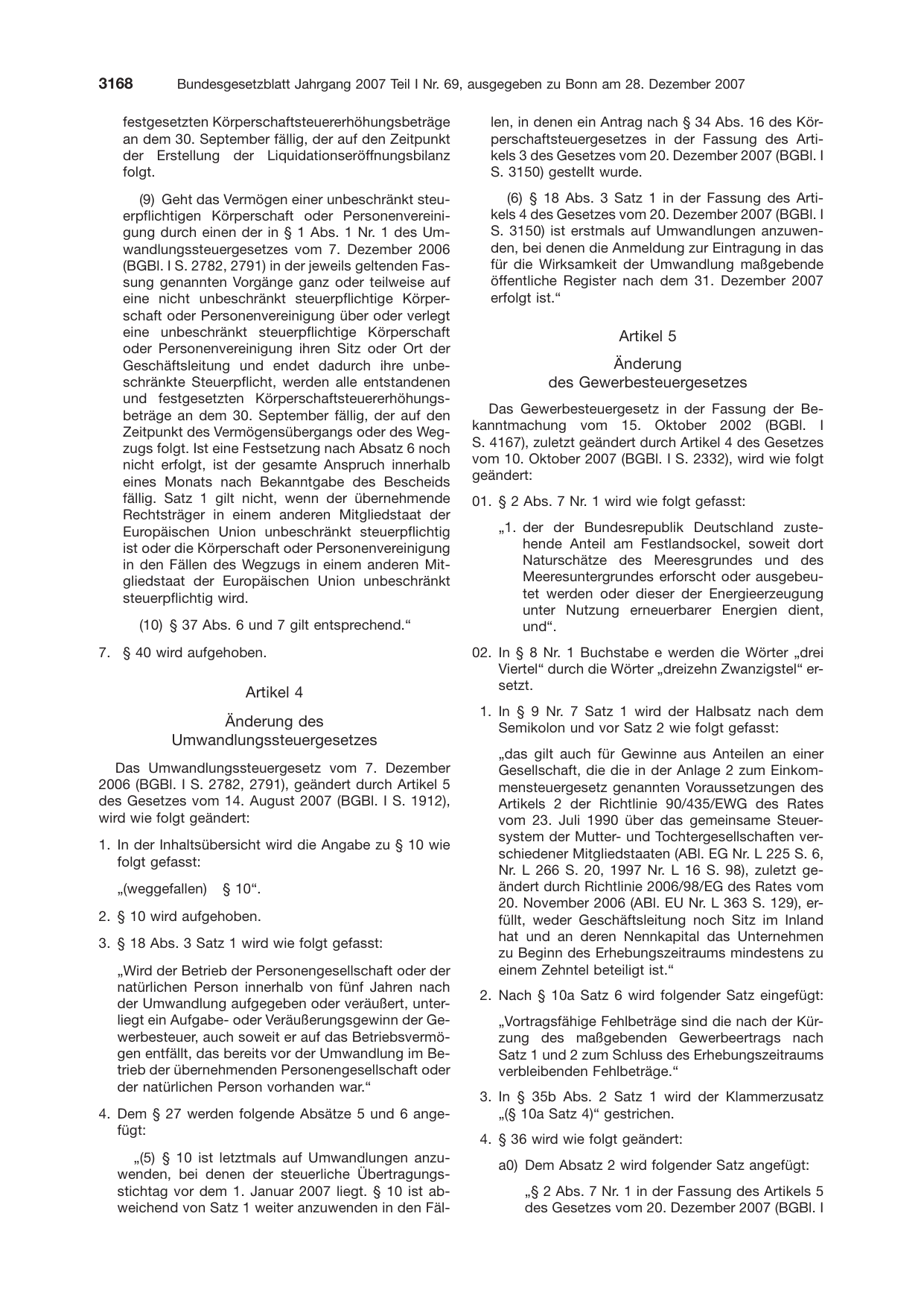 BGBl. 2007, Seite 3168 — Originalseite als Abbildung