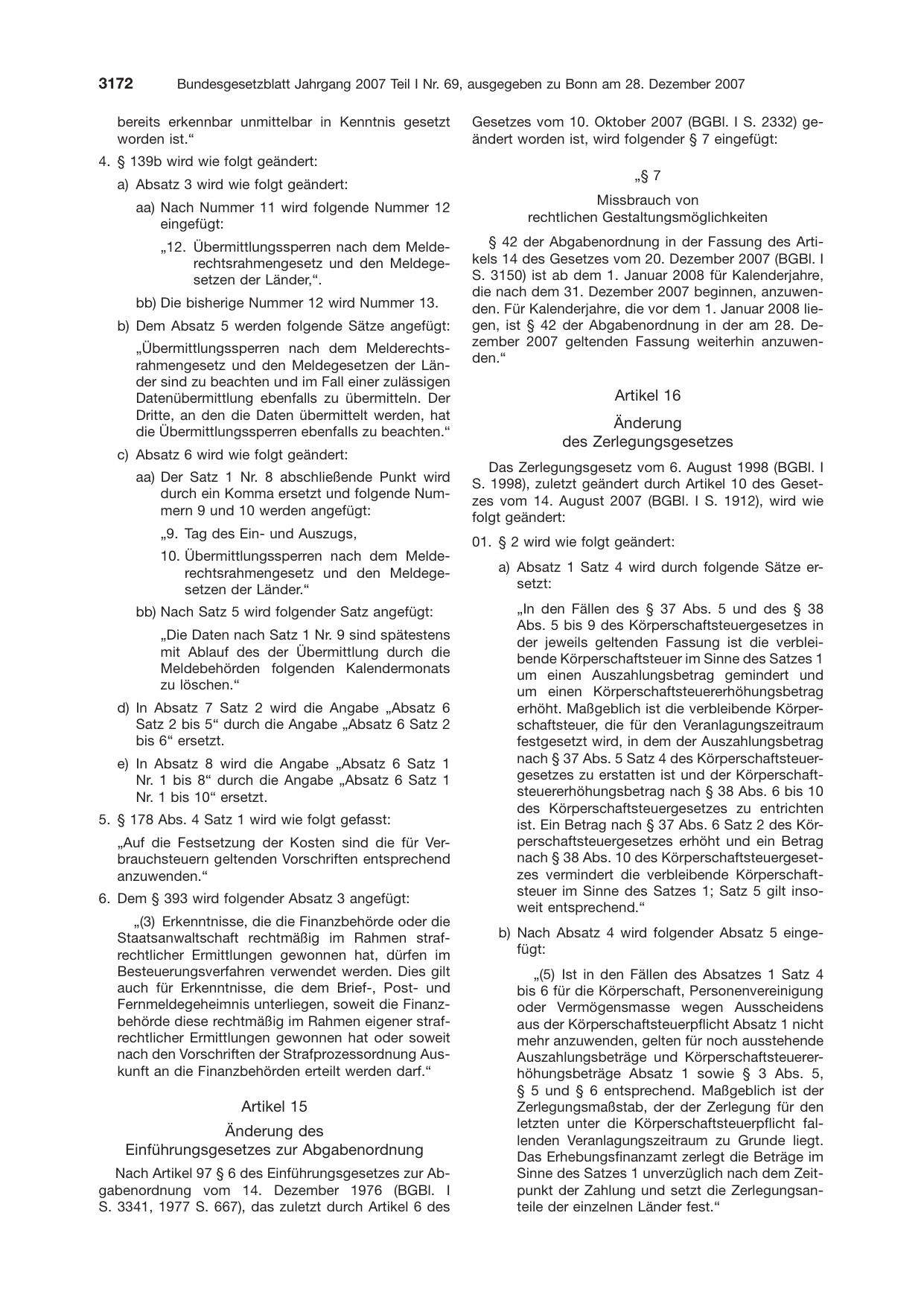 BGBl. 2007, Seite 3172 — Originalseite als Abbildung