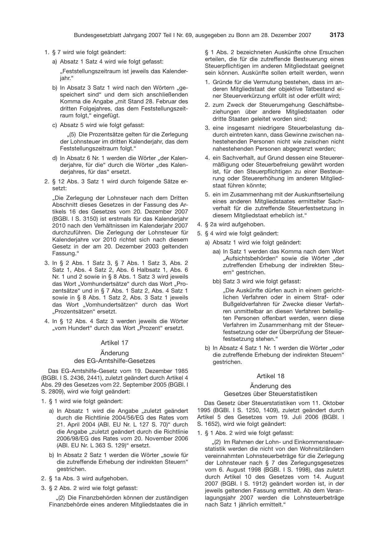 BGBl. 2007, Seite 3173 — Originalseite als Abbildung