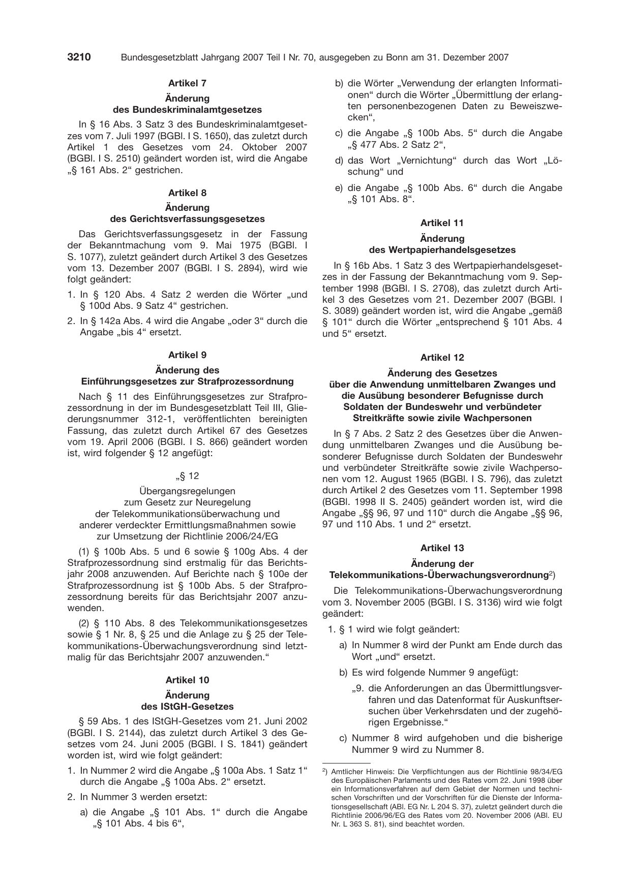 BGBl. 2007, Seite 3210 — Originalseite als Abbildung