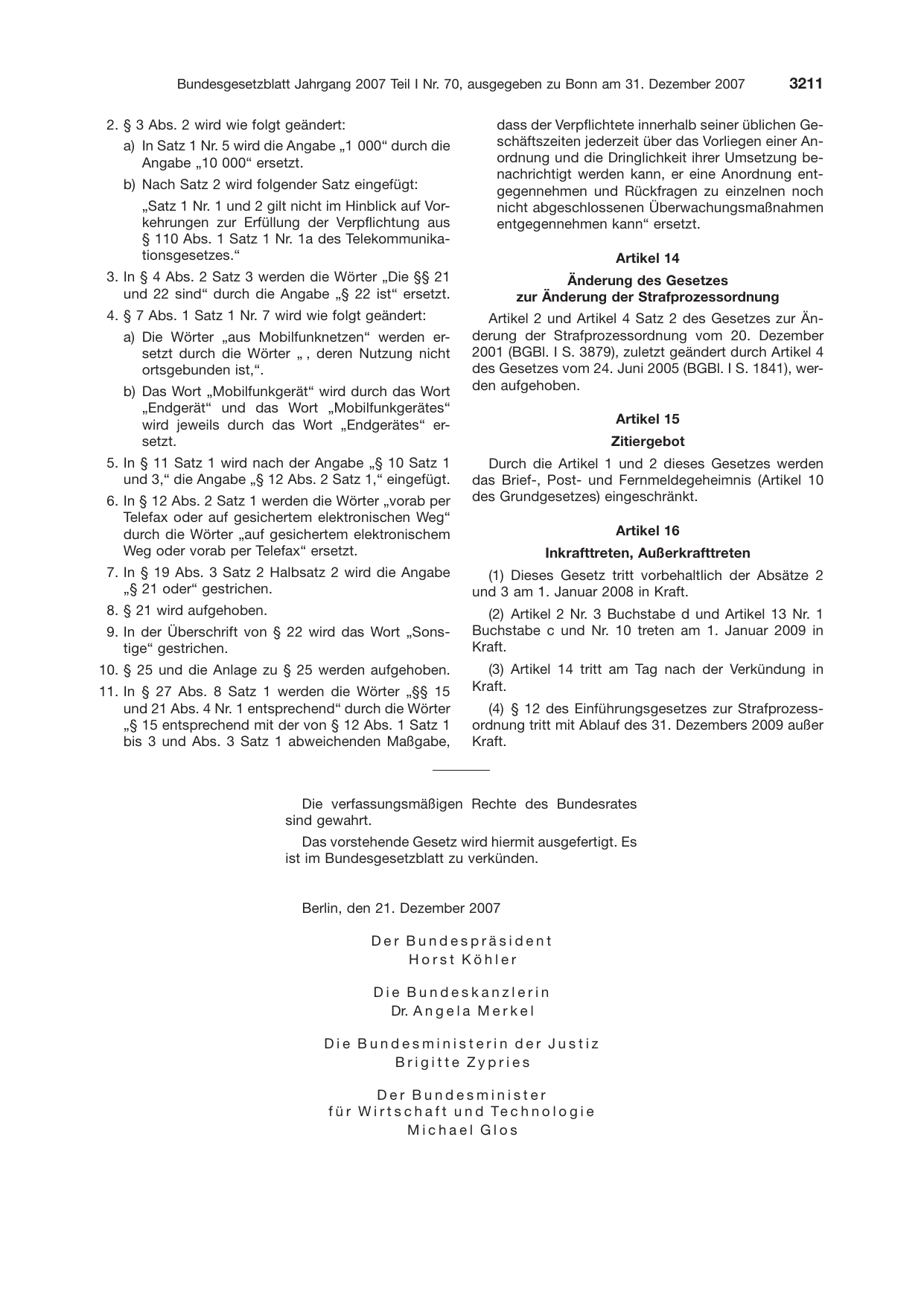 BGBl. 2007, Seite 3211 — Originalseite als Abbildung