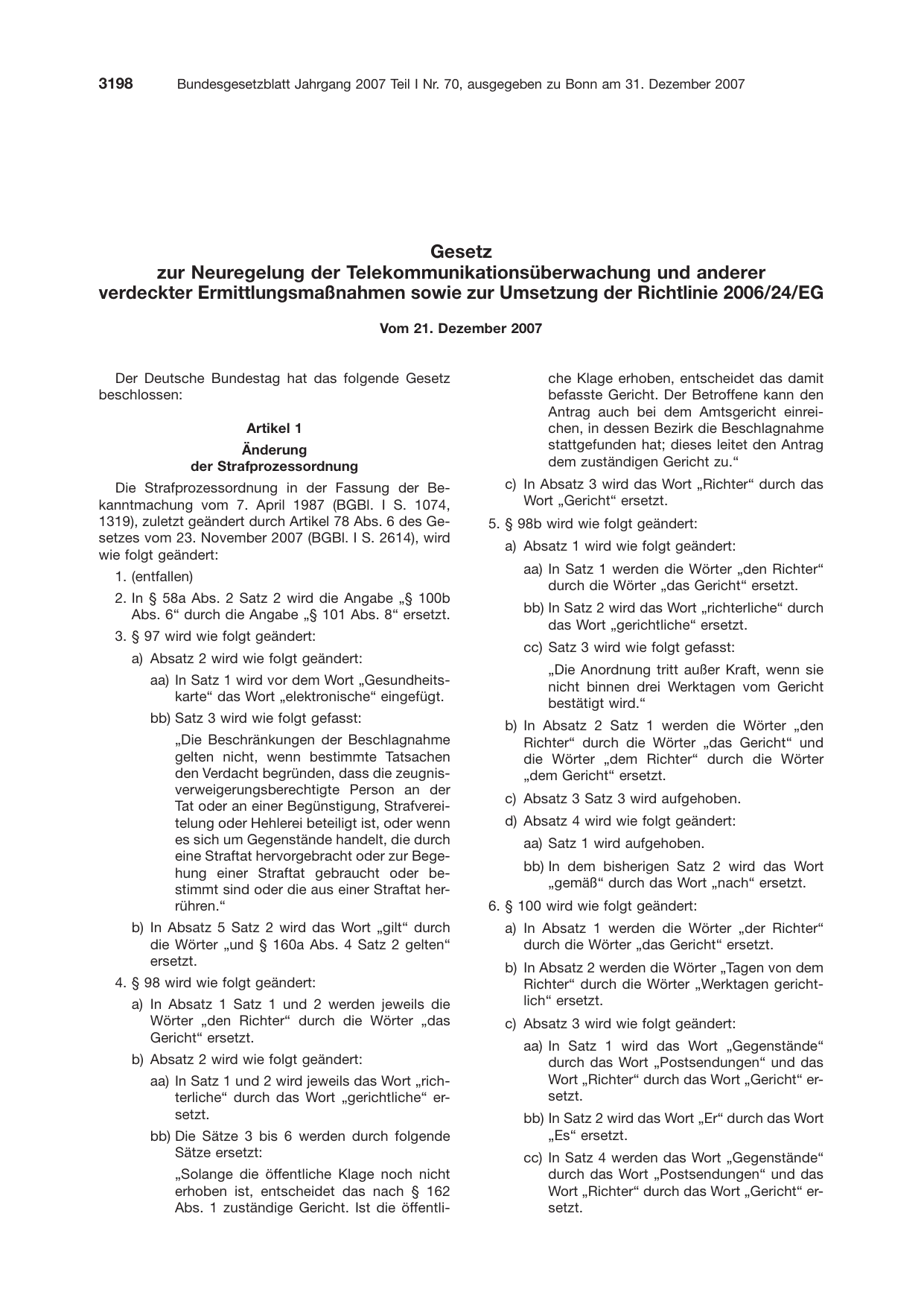 BGBl. 2007, Seite 3198 — Originalseite als Abbildung