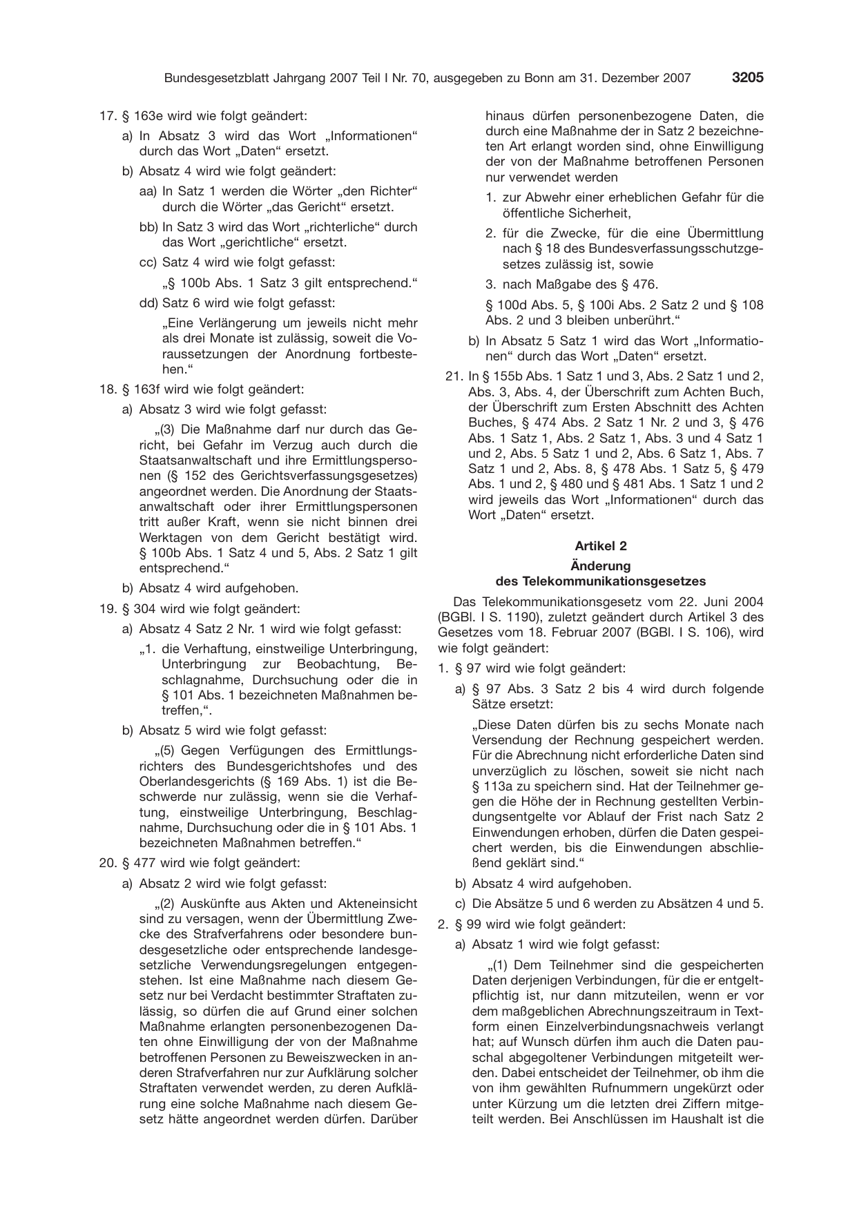 BGBl. 2007, Seite 3205 — Originalseite als Abbildung