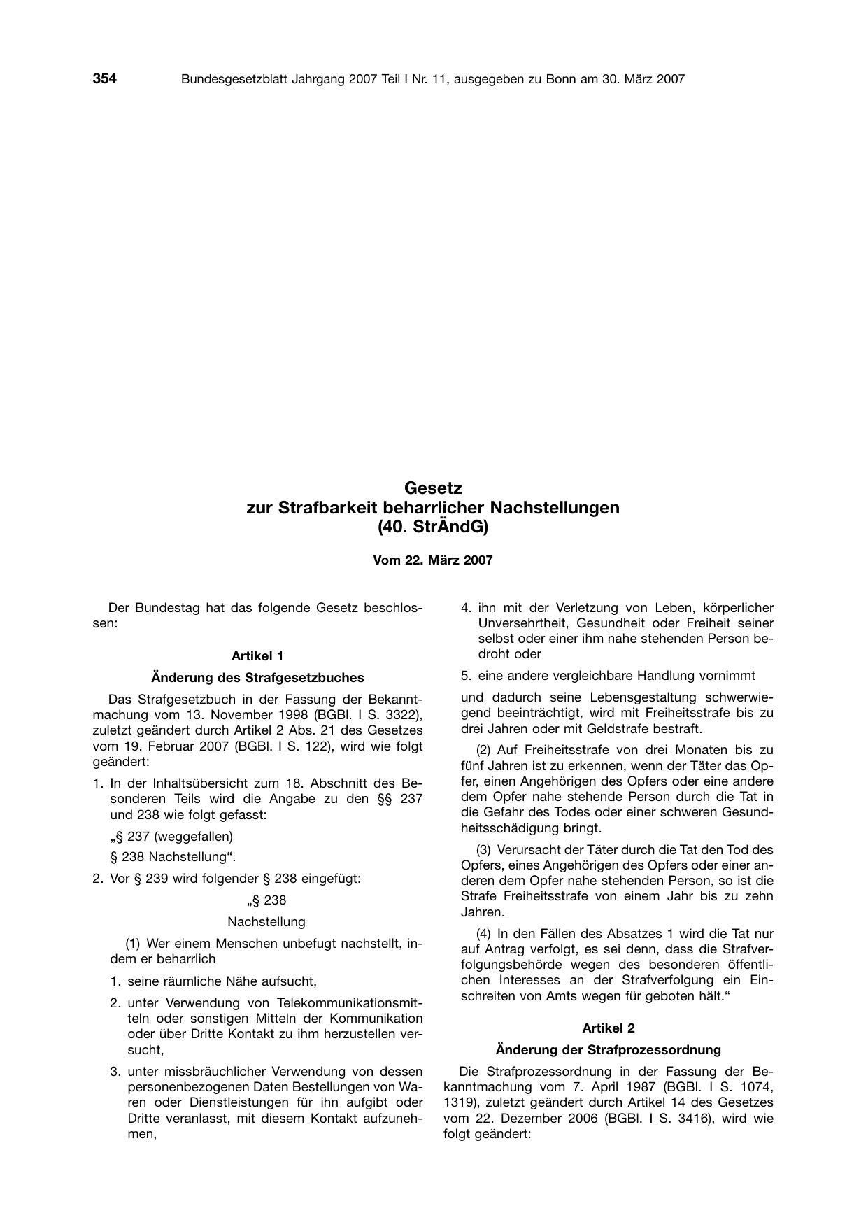 BGBl. 2007, Seite 354 — Originalseite als Abbildung
