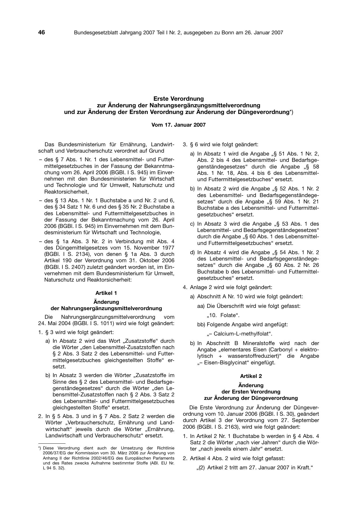 BGBl. 2007, Seite 46 — Originalseite als Abbildung