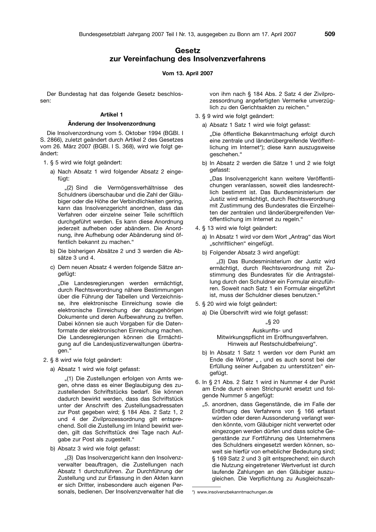 BGBl. 2007, Seite 509 — Originalseite als Abbildung