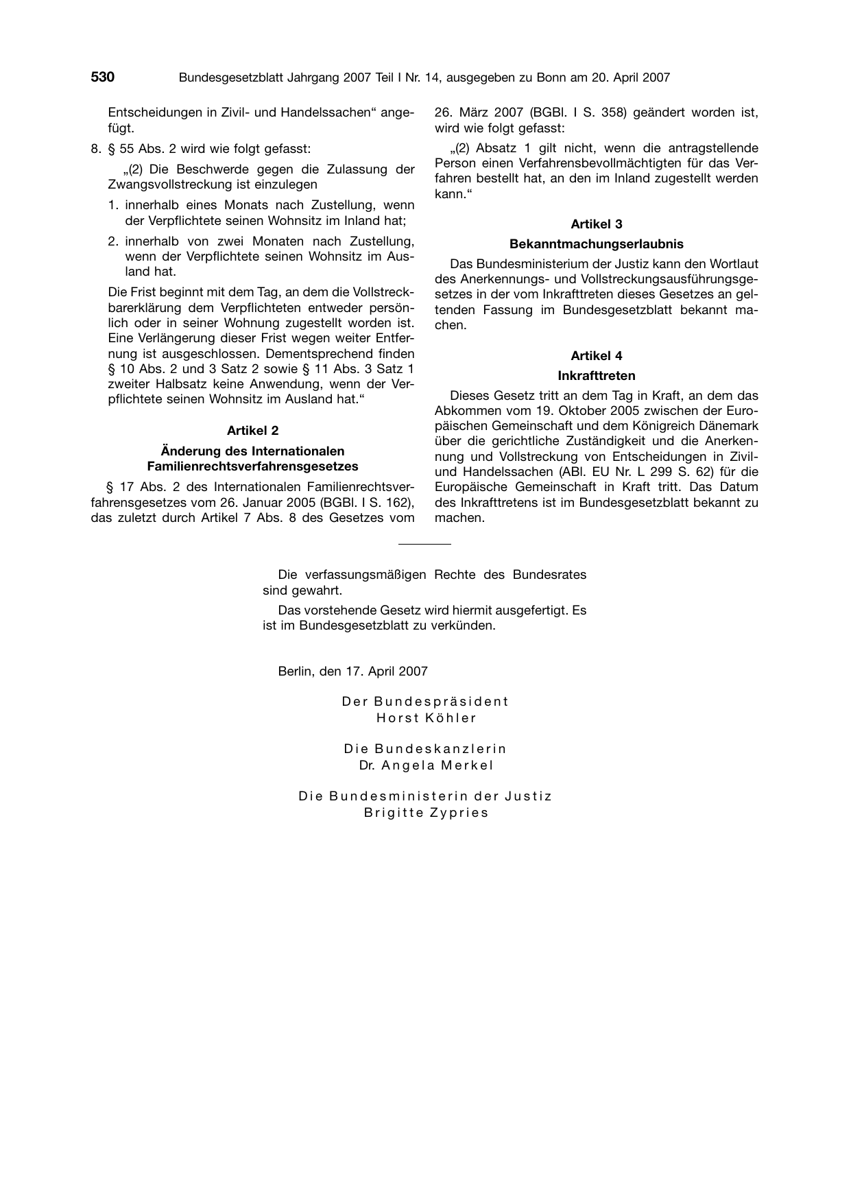 BGBl. 2007, Seite 530 — Originalseite als Abbildung