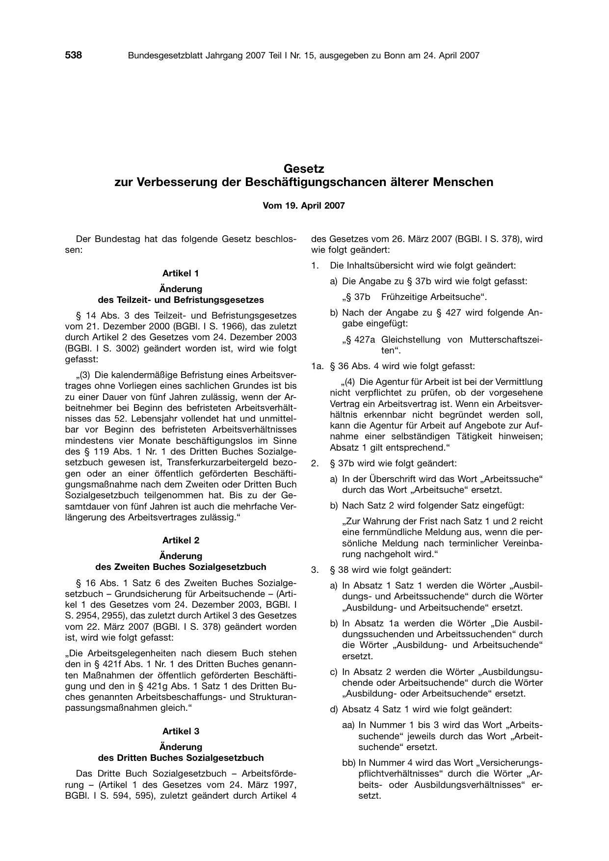 BGBl. 2007, Seite 538 — Originalseite als Abbildung