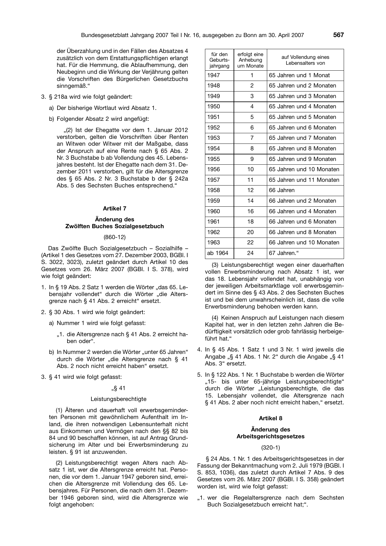 BGBl. 2007, Seite 567 — Originalseite als Abbildung