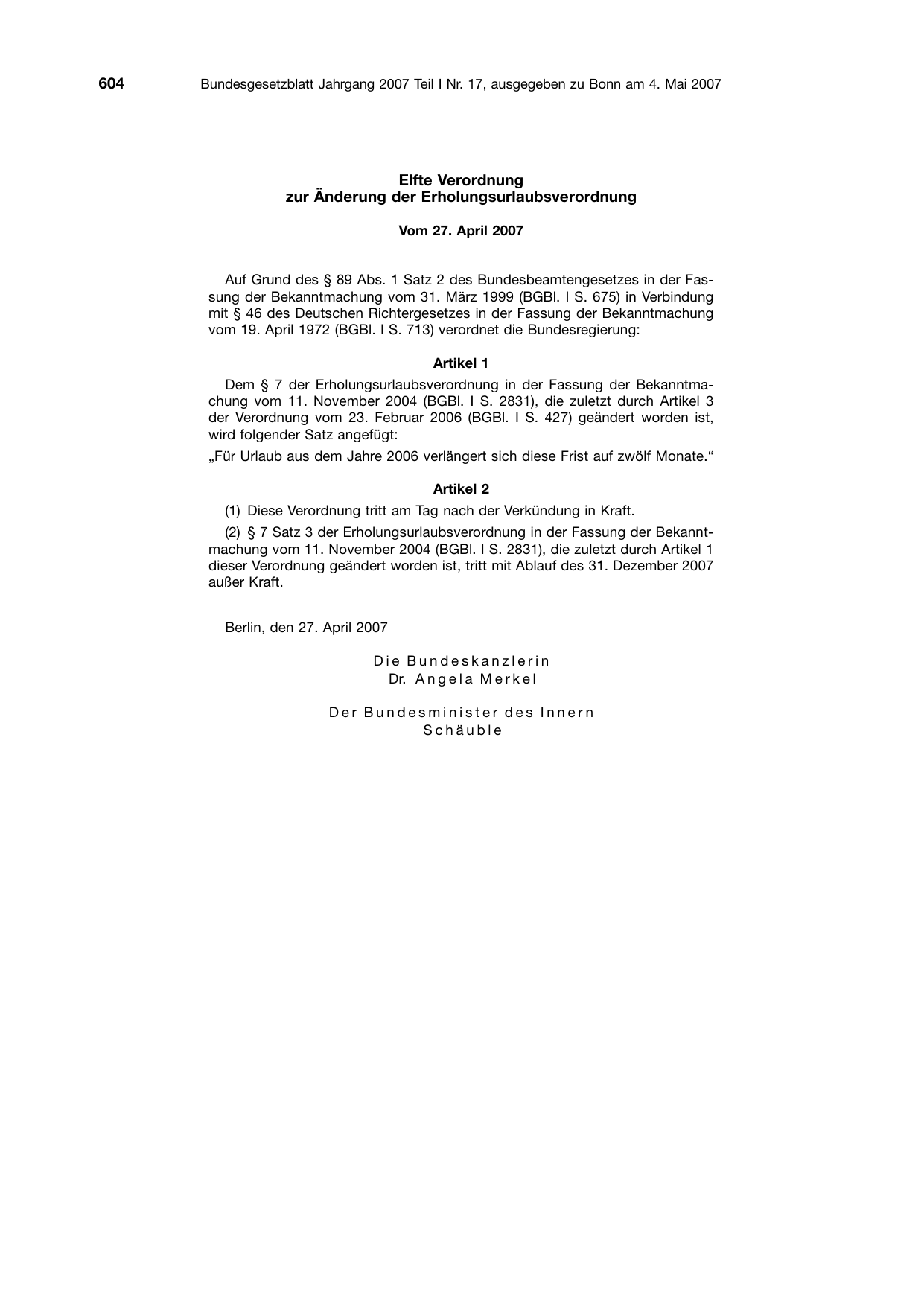BGBl. 2007, Seite 604 — Originalseite als Abbildung
