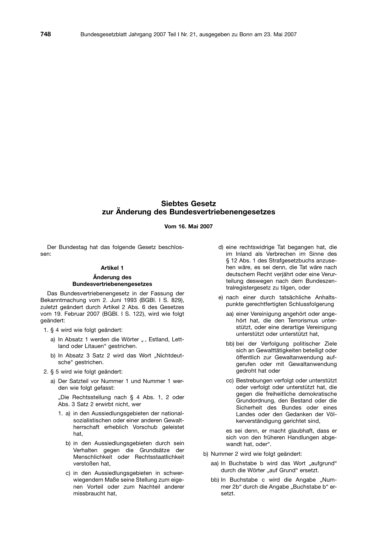 BGBl. 2007, Seite 748 — Originalseite als Abbildung