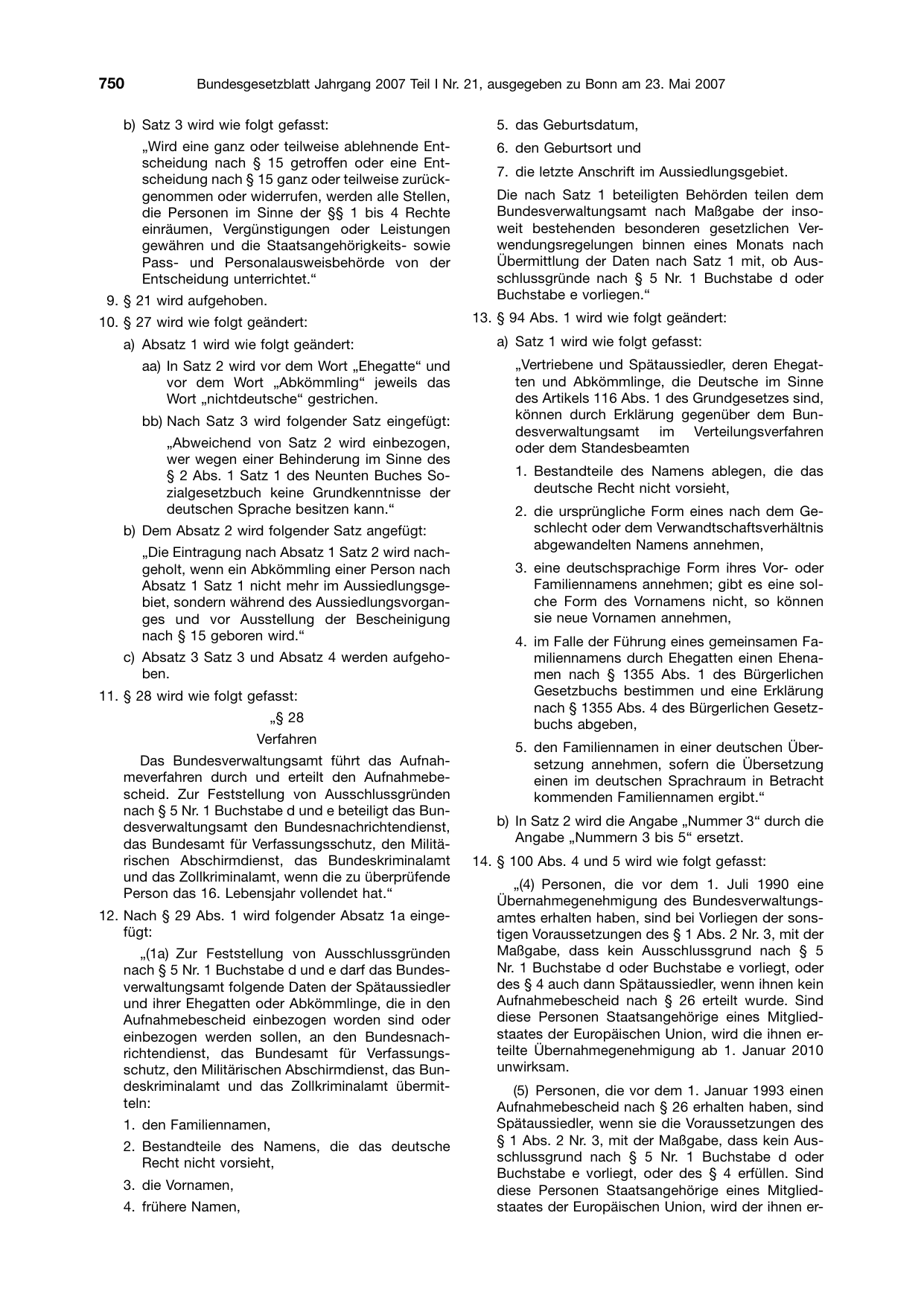 BGBl. 2007, Seite 750 — Originalseite als Abbildung