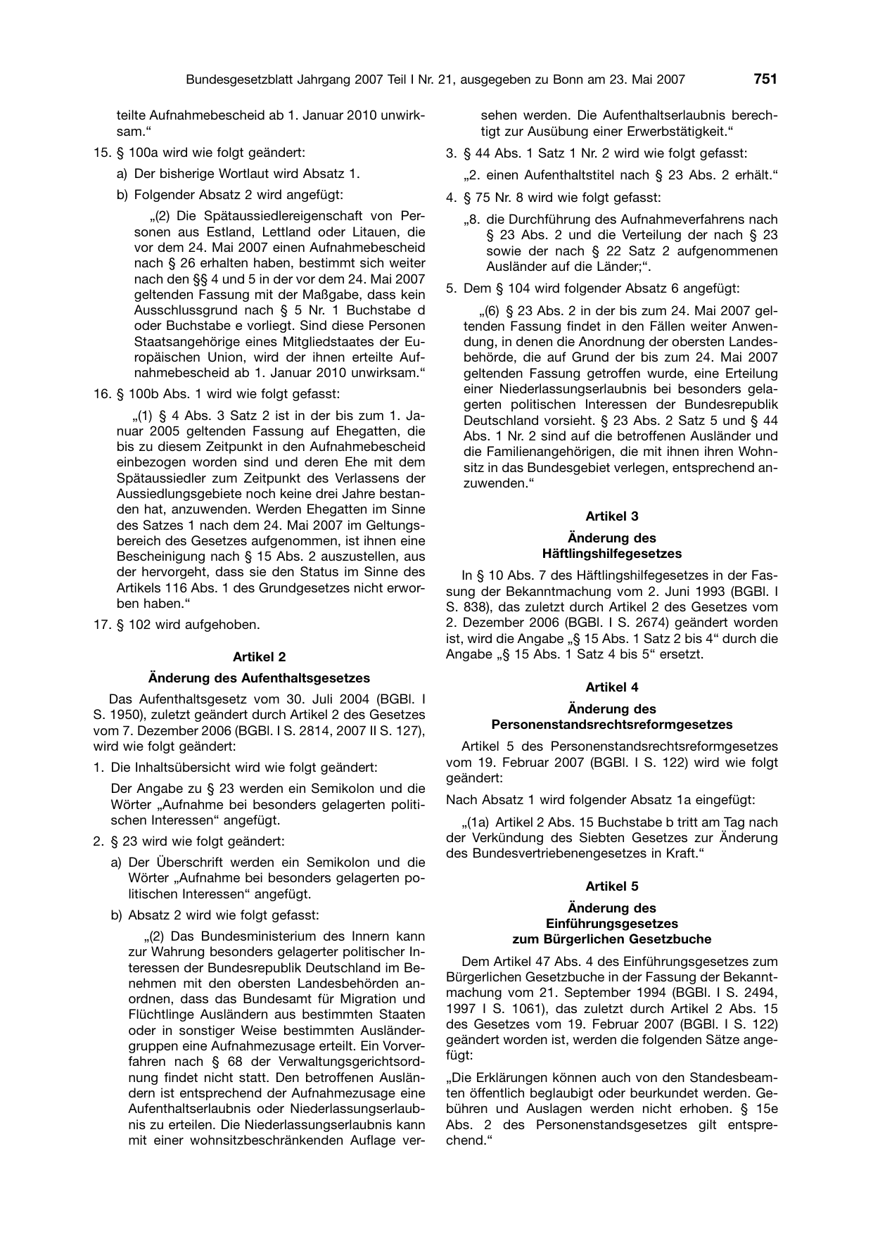 BGBl. 2007, Seite 751 — Originalseite als Abbildung