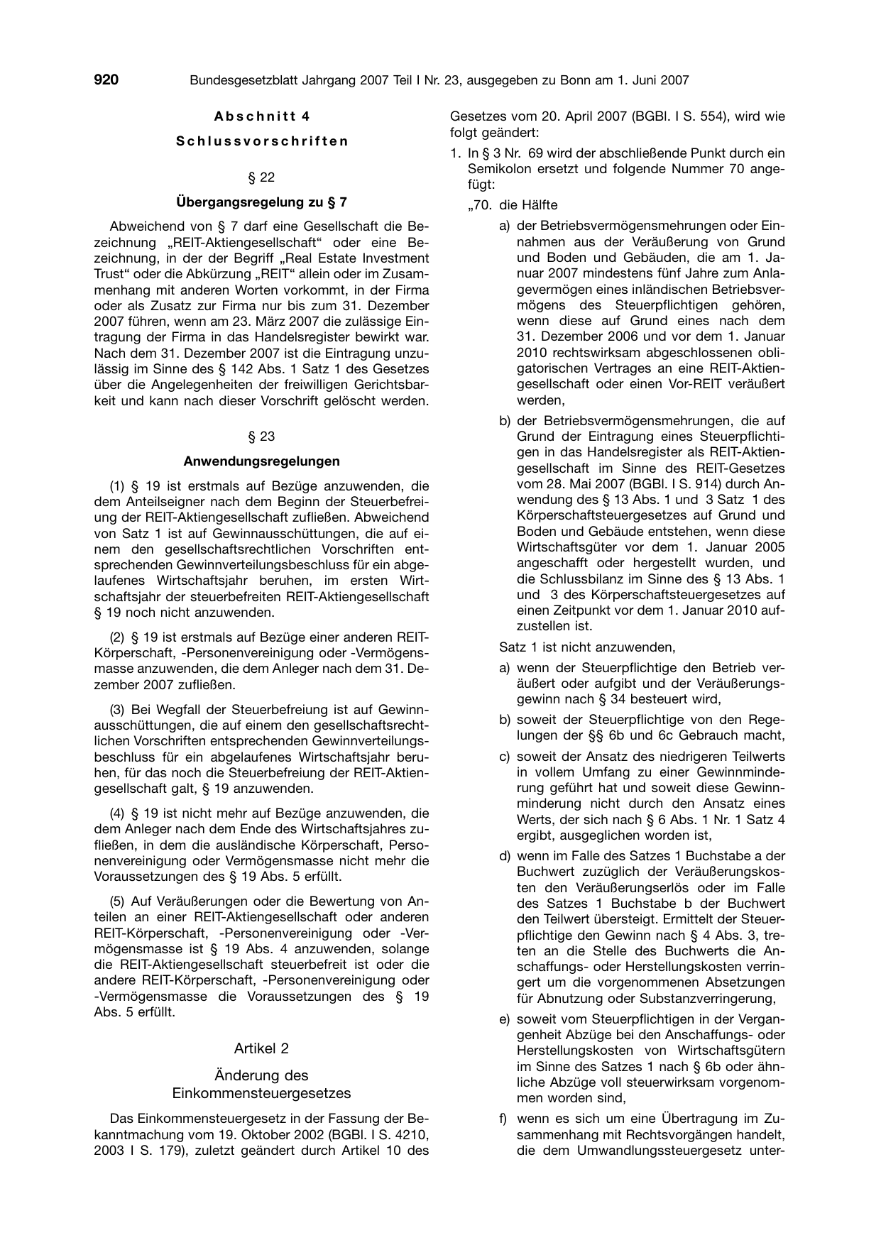BGBl. 2007, Seite 920 — Originalseite als Abbildung