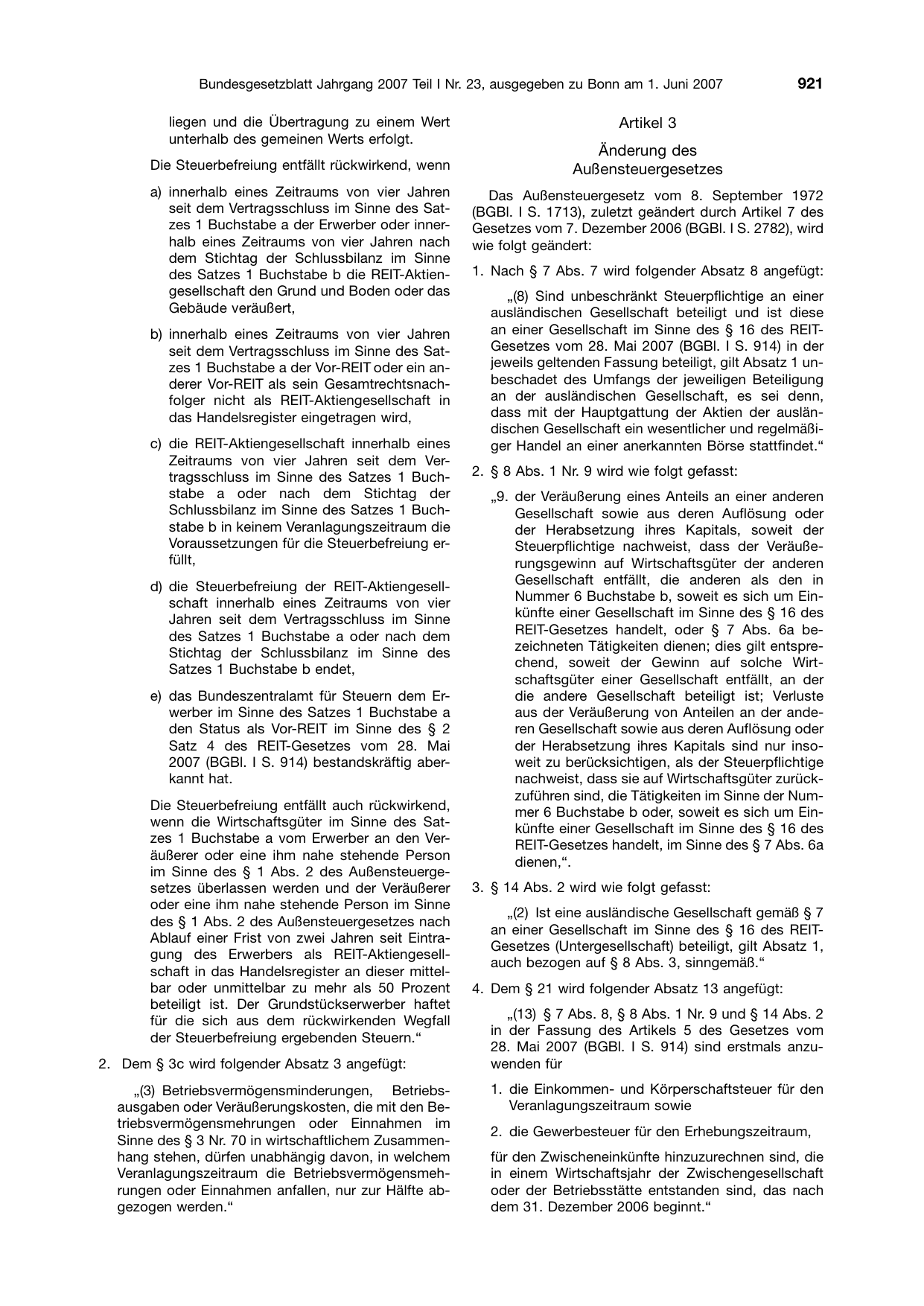 BGBl. 2007, Seite 921 — Originalseite als Abbildung