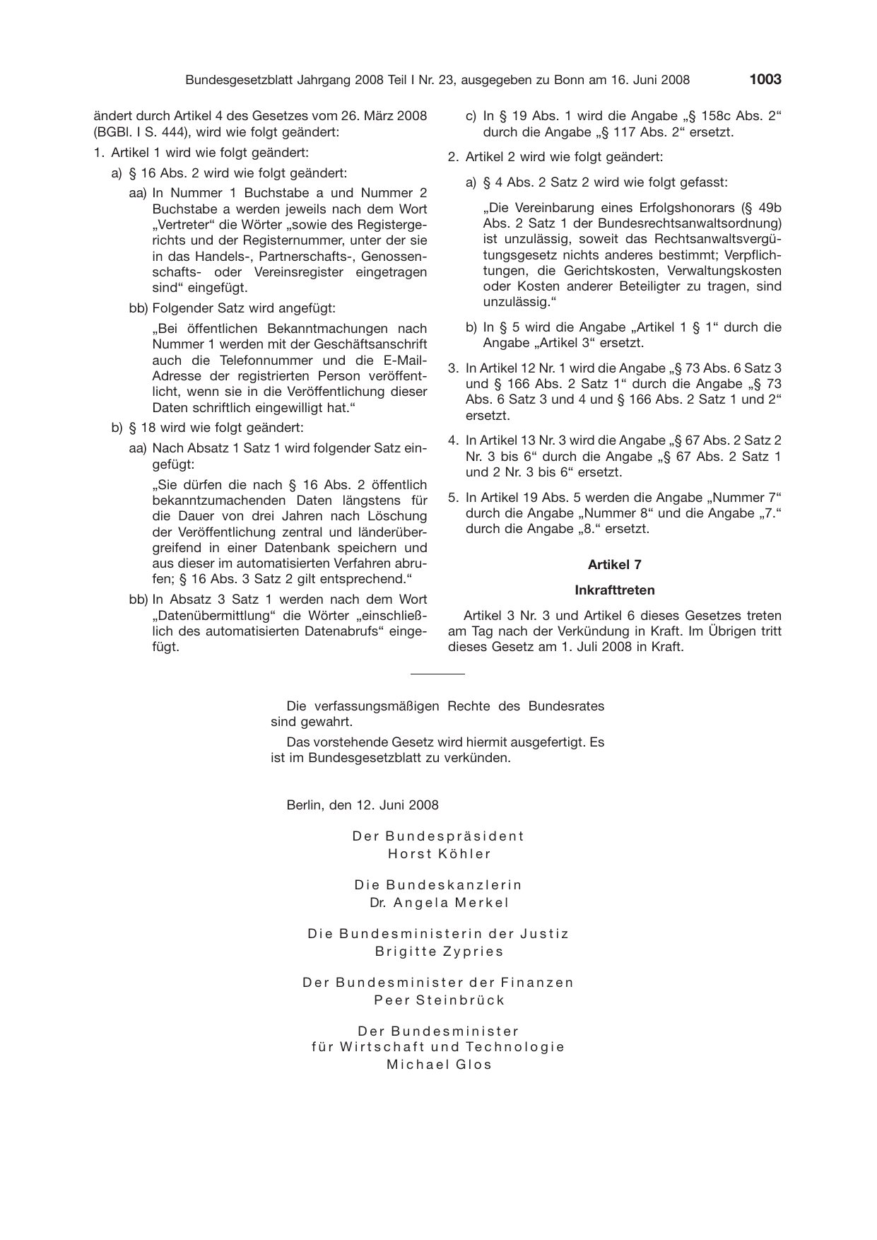 BGBl. 2008, Seite 1003 — Originalseite als Abbildung