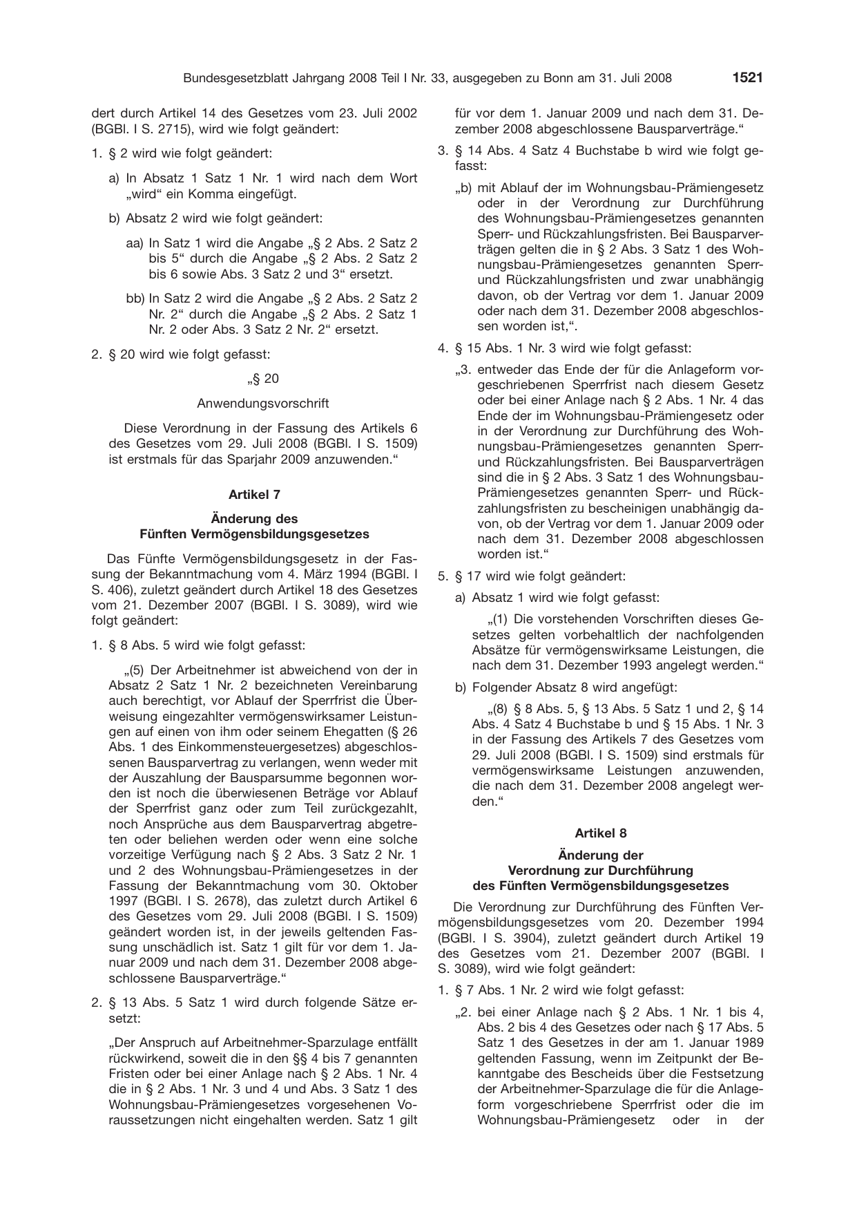 BGBl. 2008, Seite 1521 — Originalseite als Abbildung
