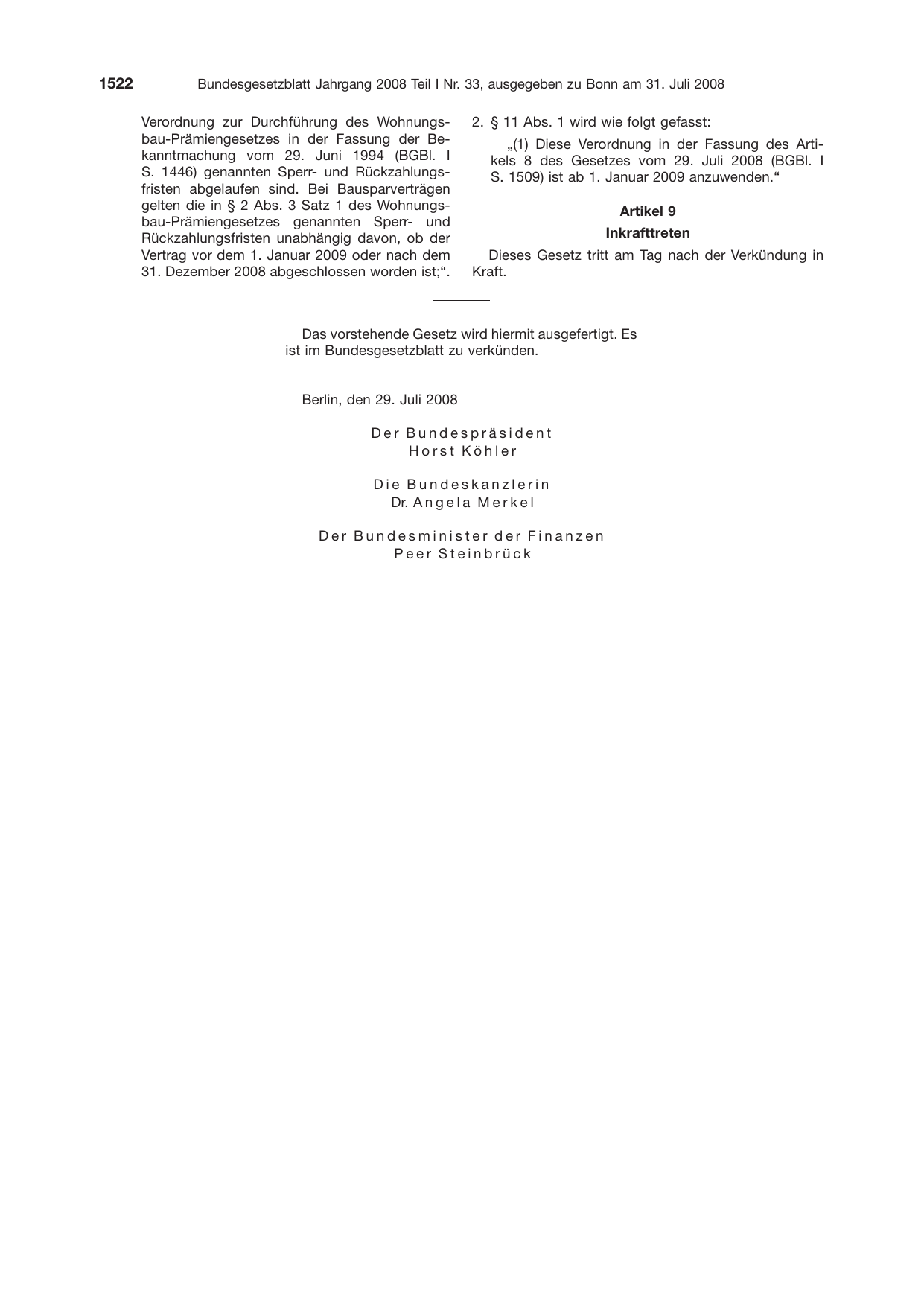 BGBl. 2008, Seite 1522 — Originalseite als Abbildung