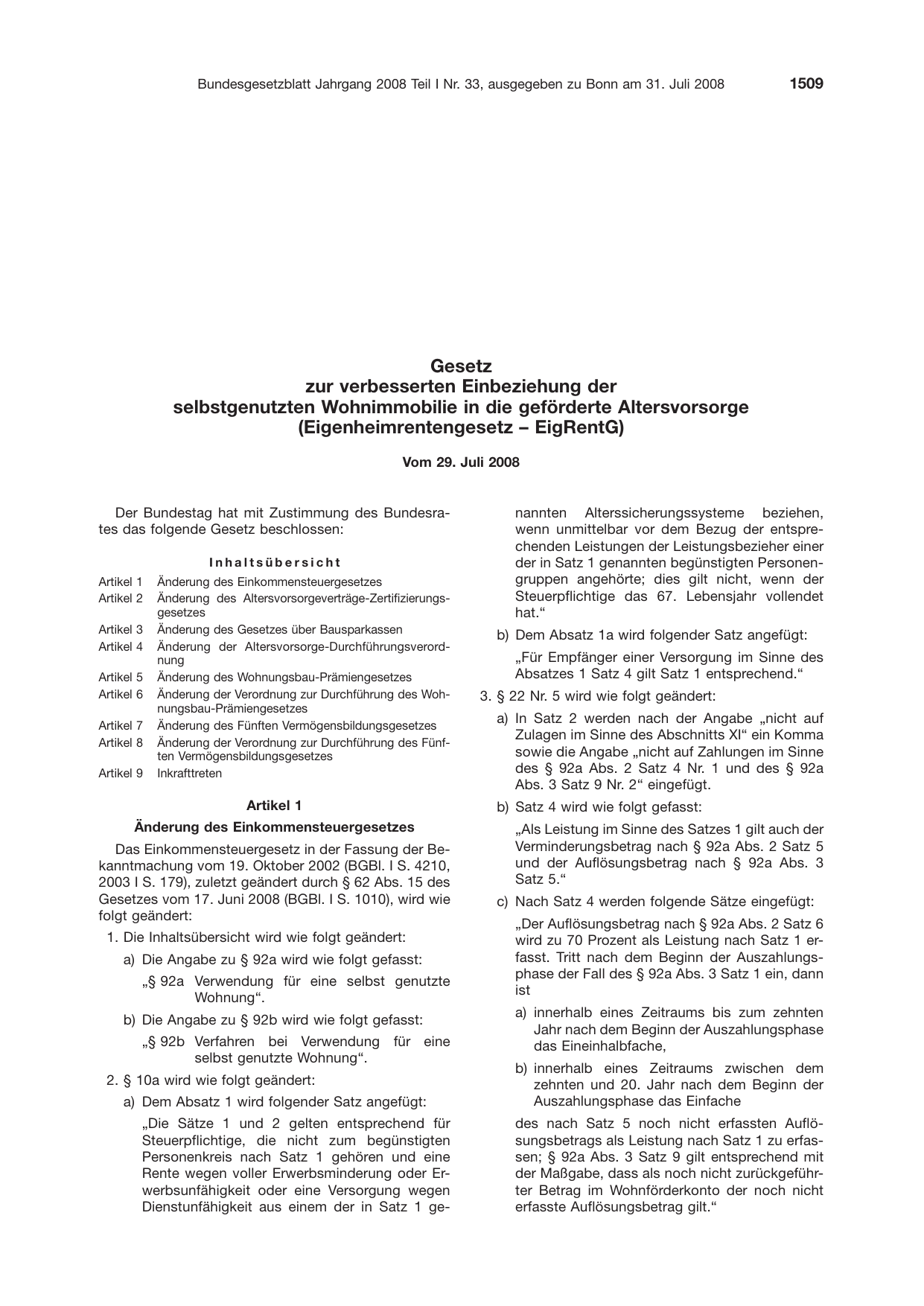 BGBl. 2008, Seite 1509 — Originalseite als Abbildung