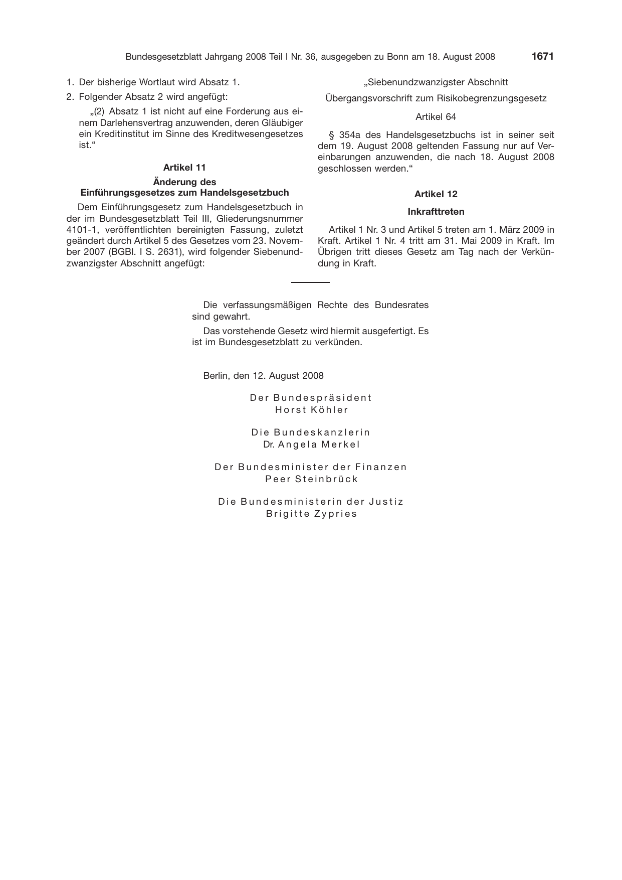 BGBl. 2008, Seite 1671 — Originalseite als Abbildung