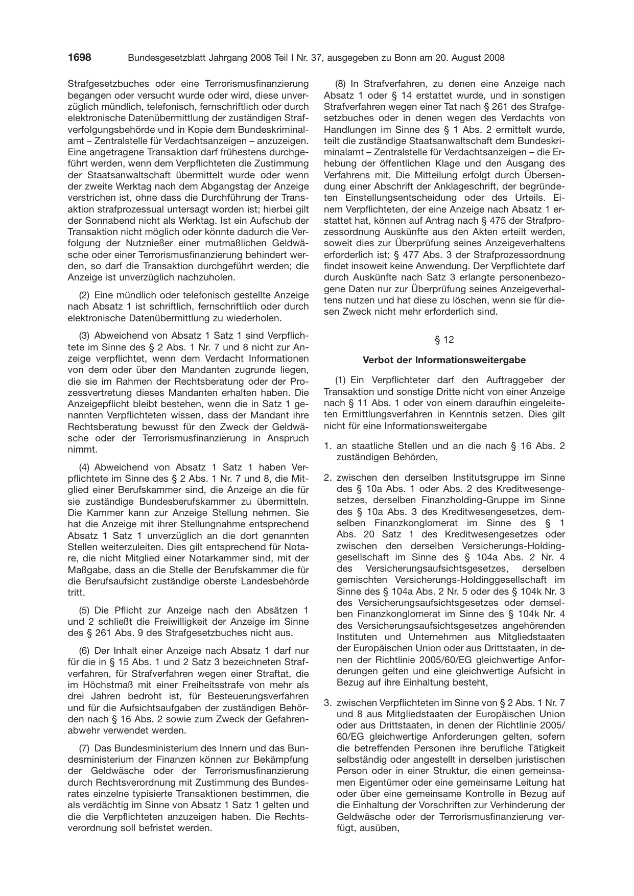 BGBl. 2008, Seite 1698 — Originalseite als Abbildung