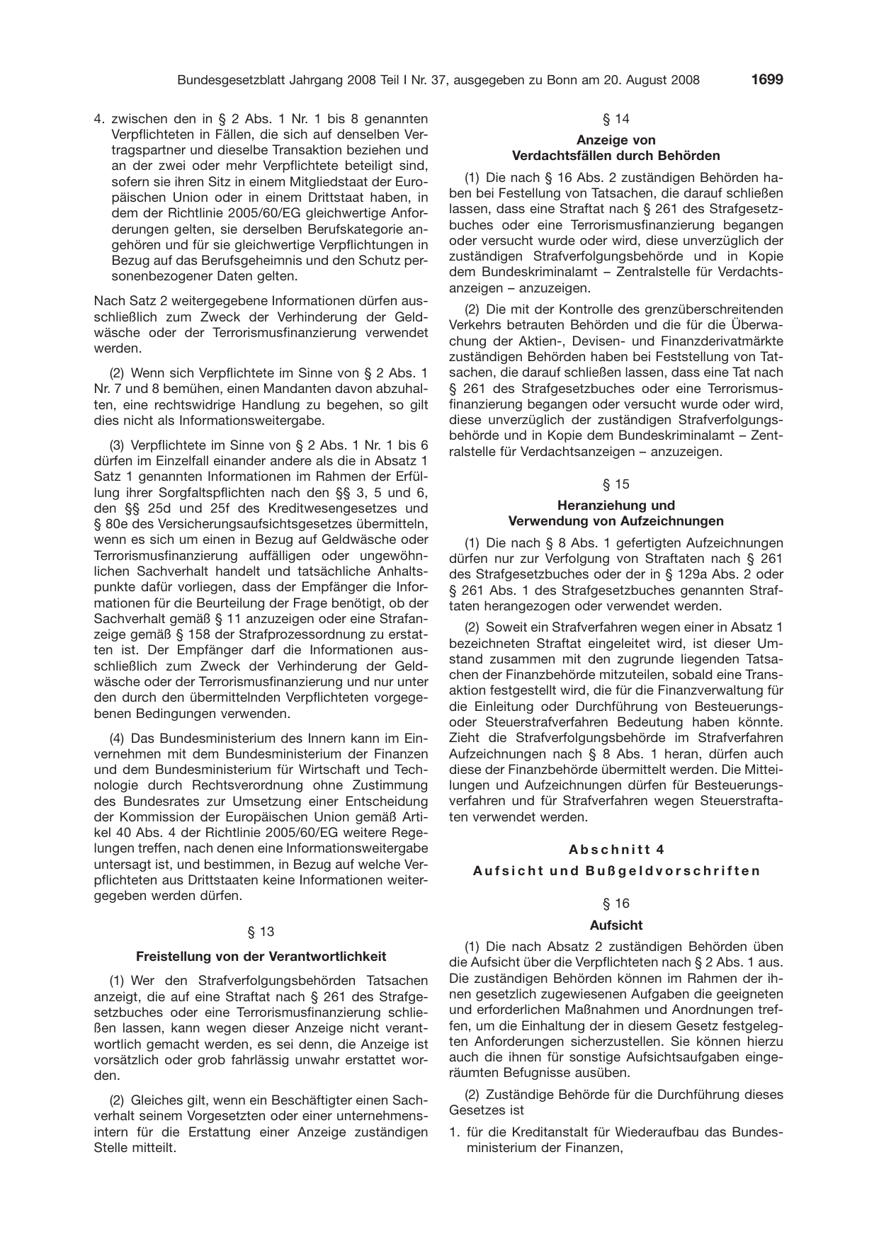 BGBl. 2008, Seite 1699 — Originalseite als Abbildung