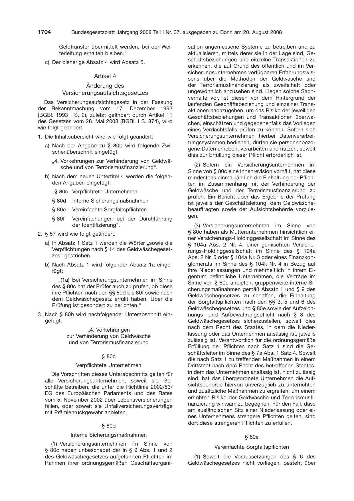 BGBl. 2008, Seite 1704 — Originalseite als Abbildung