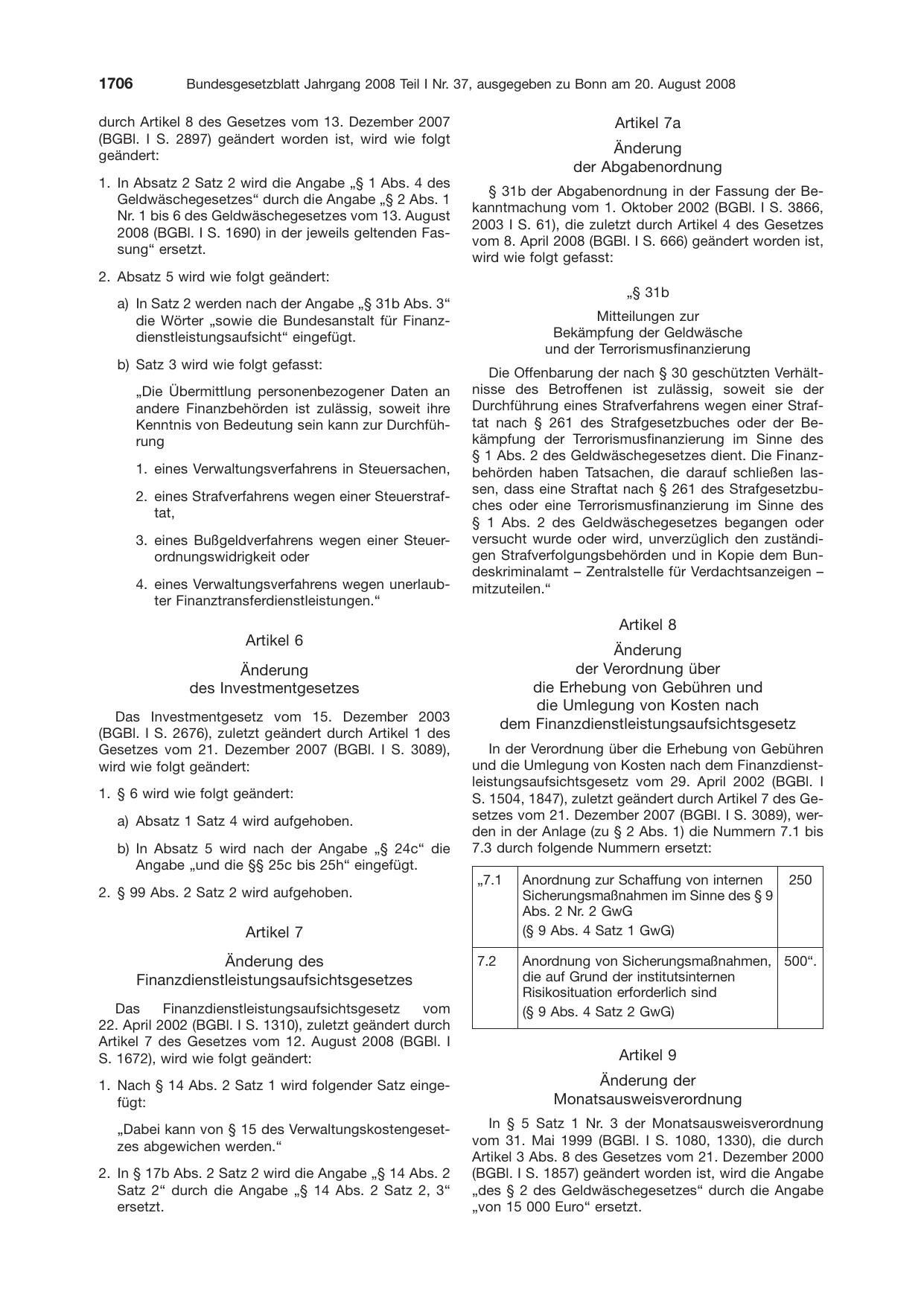 BGBl. 2008, Seite 1706 — Originalseite als Abbildung