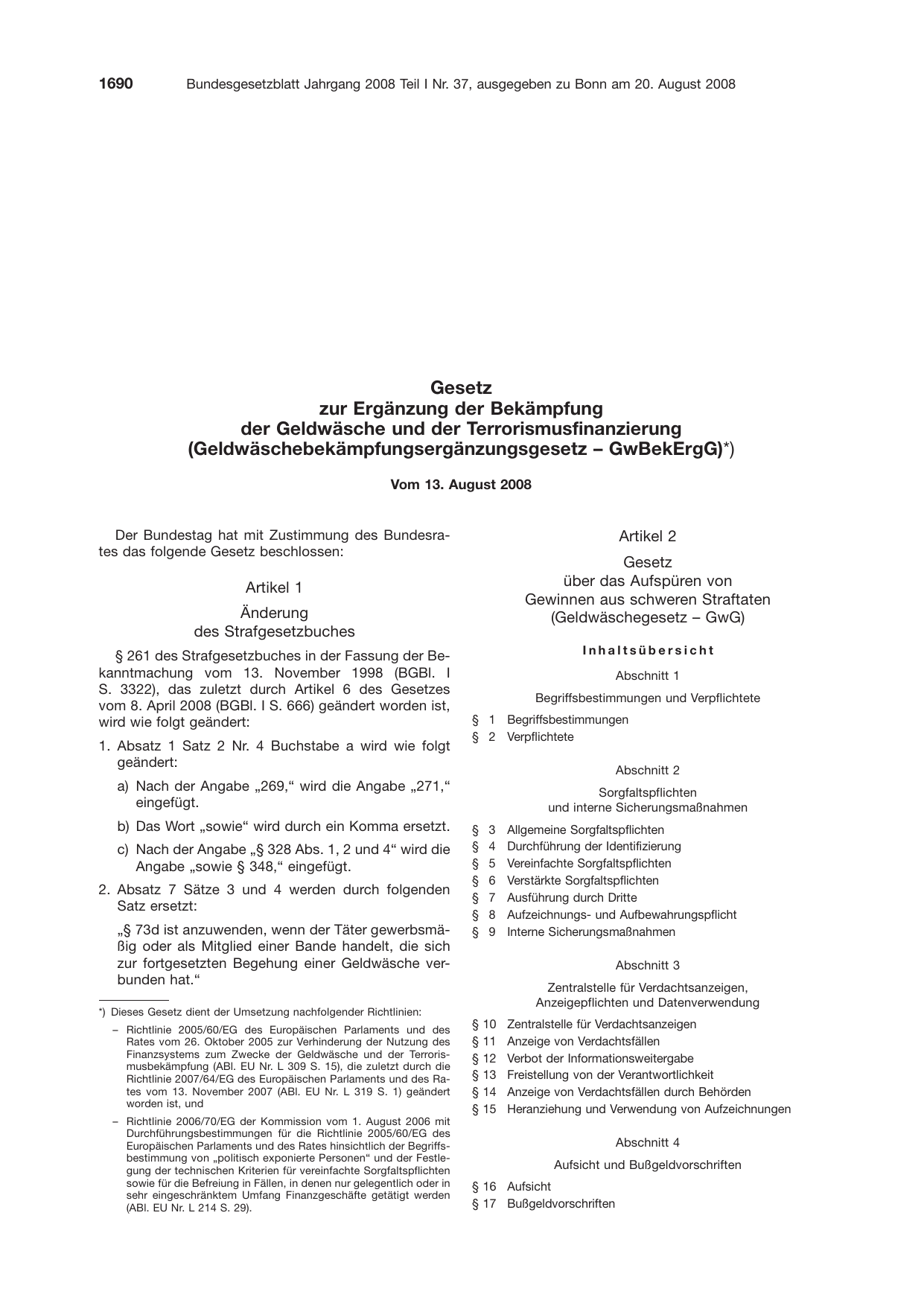 BGBl. 2008, Seite 1690 — Originalseite als Abbildung