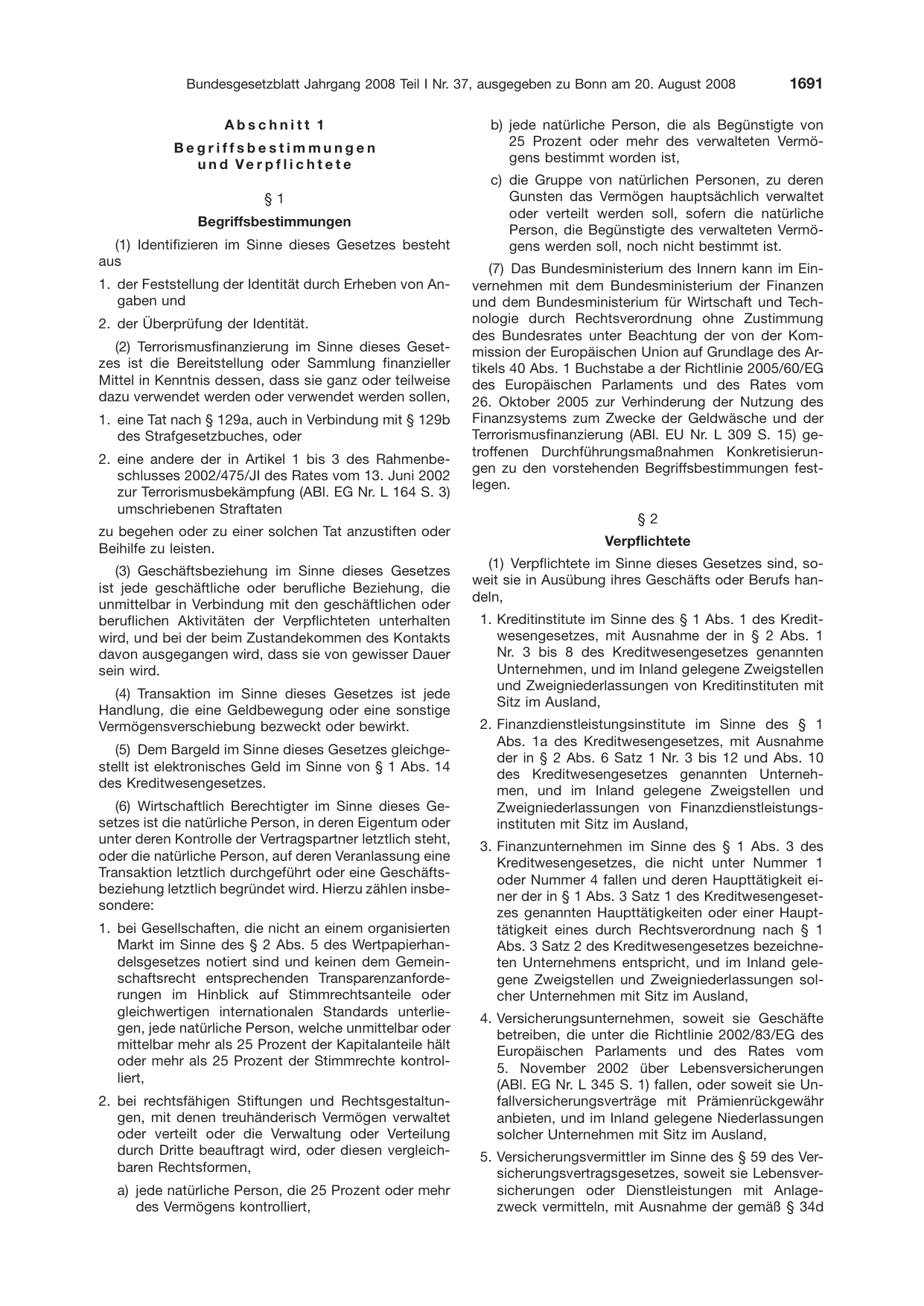 BGBl. 2008, Seite 1691 — Originalseite als Abbildung
