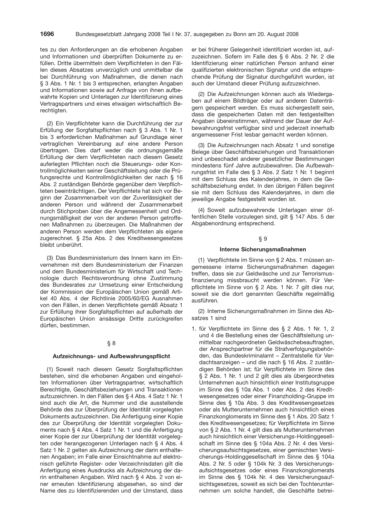 BGBl. 2008, Seite 1696 — Originalseite als Abbildung