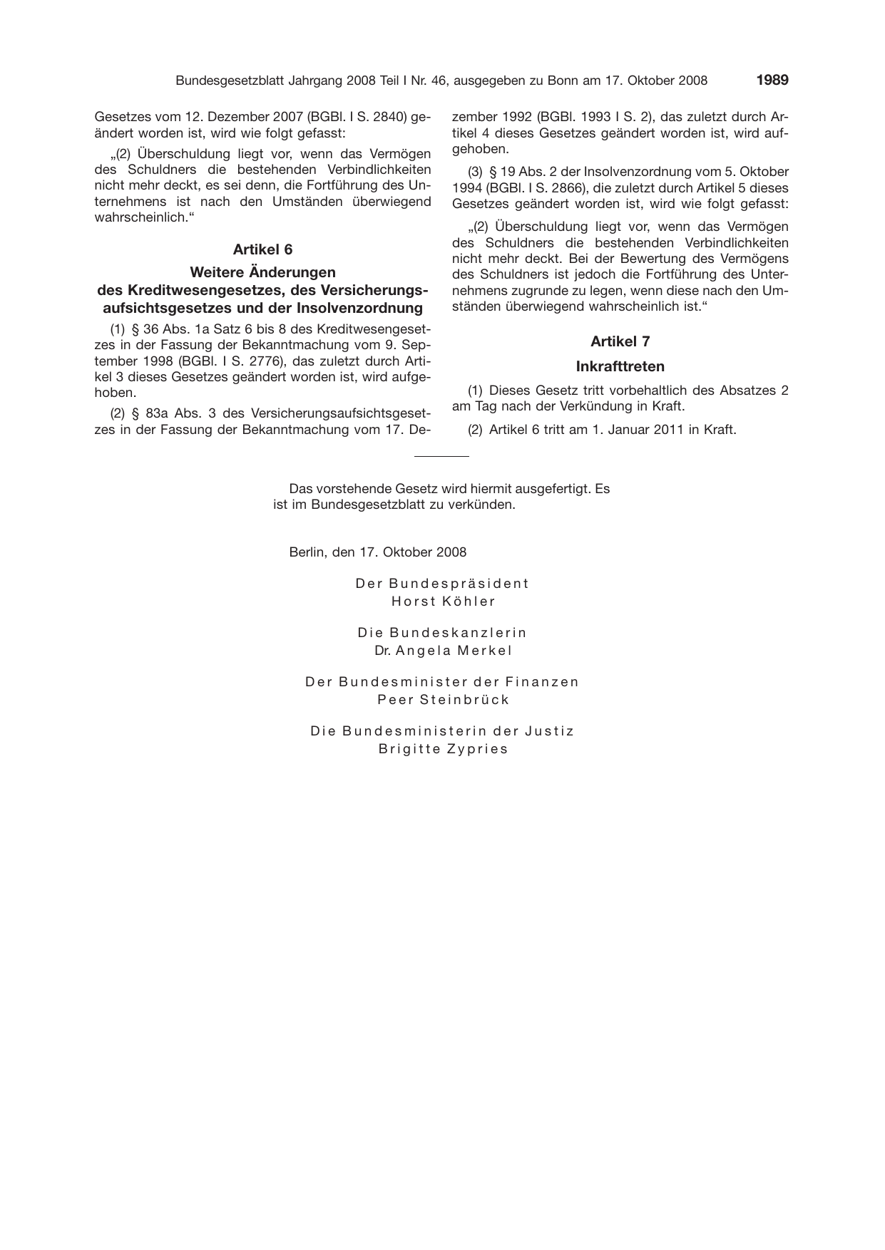 BGBl. 2008, Seite 1989 — Originalseite als Abbildung
