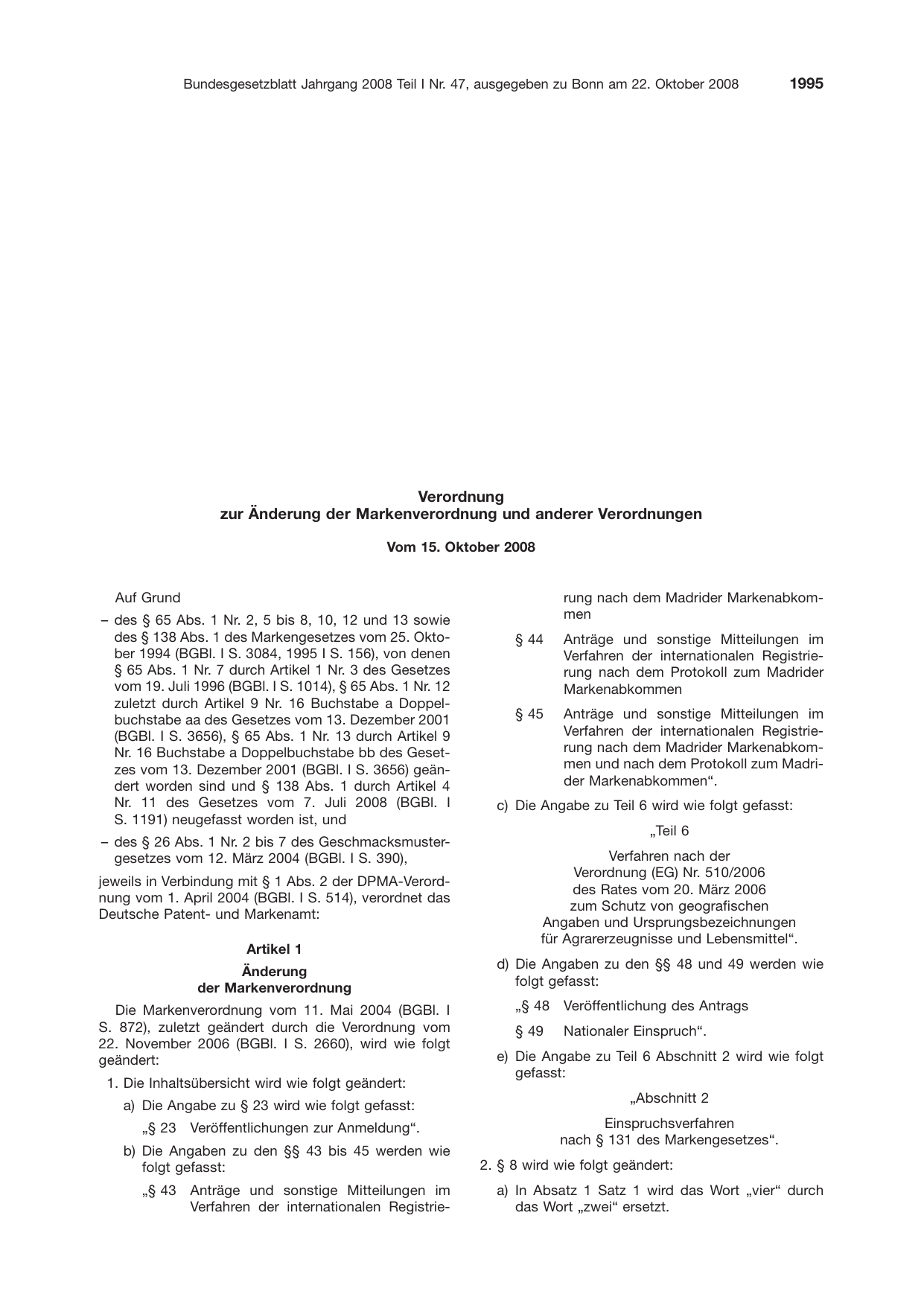 BGBl. 2008, Seite 1995 — Originalseite als Abbildung