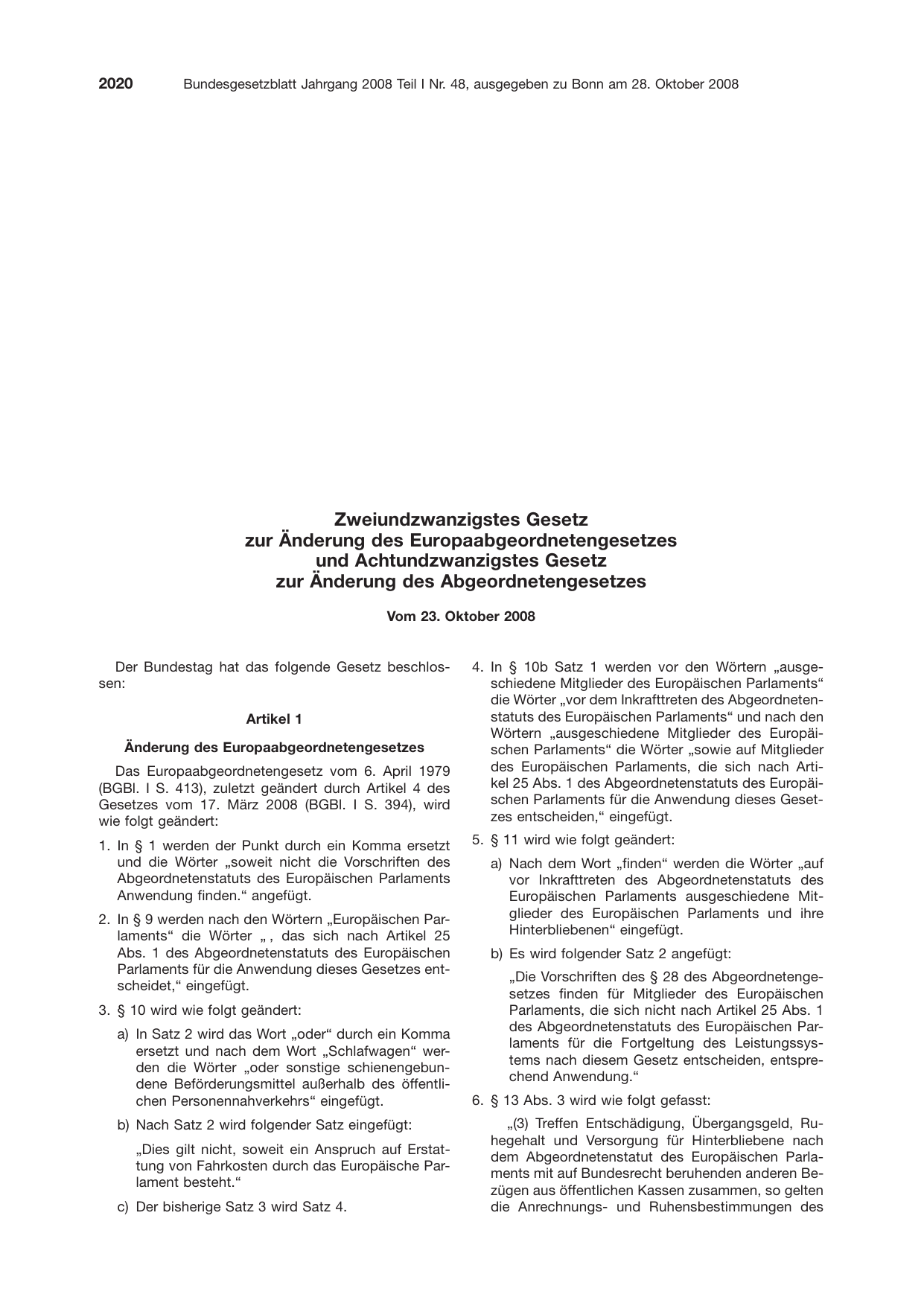 BGBl. 2008, Seite 2020 — Originalseite als Abbildung