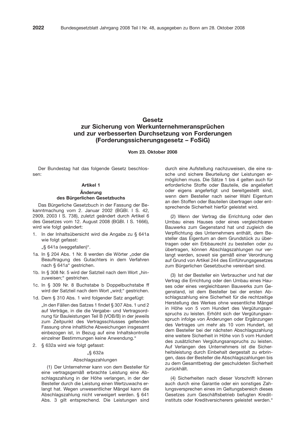BGBl. 2008, Seite 2022 — Originalseite als Abbildung