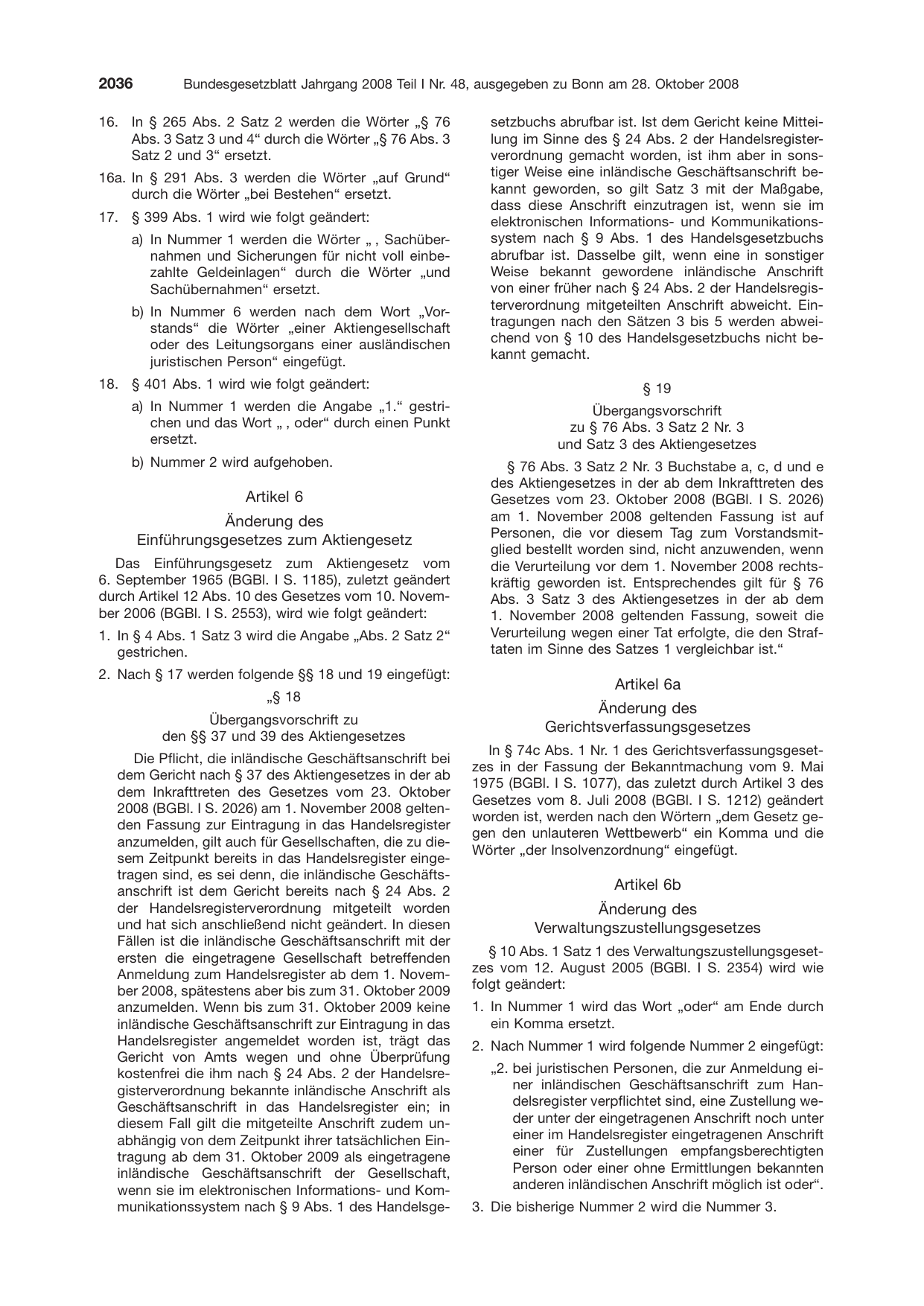 BGBl. 2008, Seite 2036 — Originalseite als Abbildung