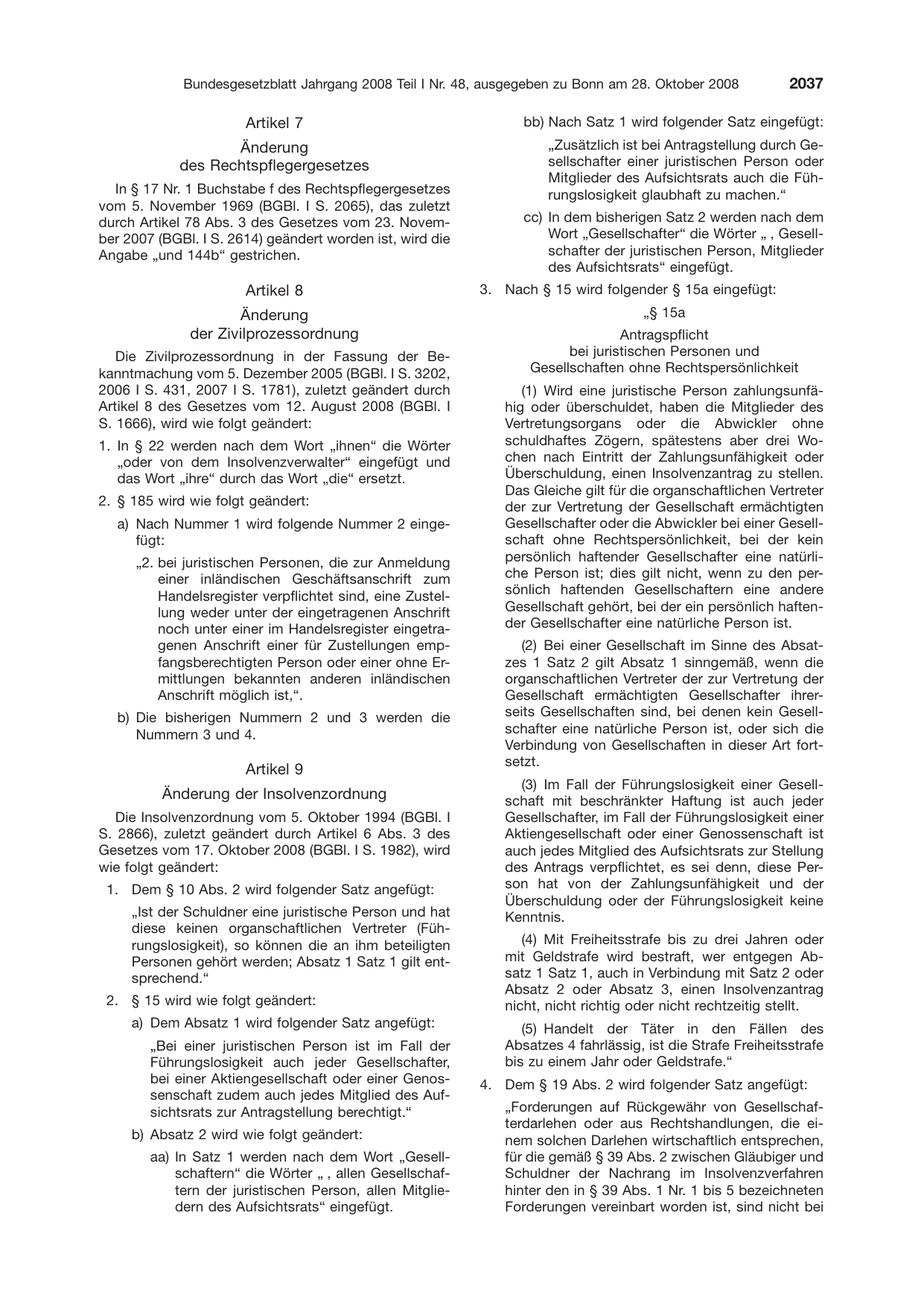 BGBl. 2008, Seite 2037 — Originalseite als Abbildung