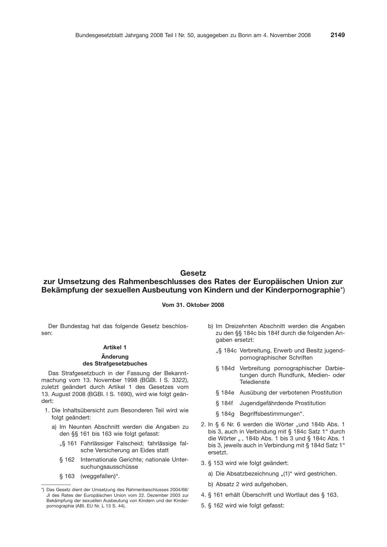 BGBl. 2008, Seite 2149 — Originalseite als Abbildung