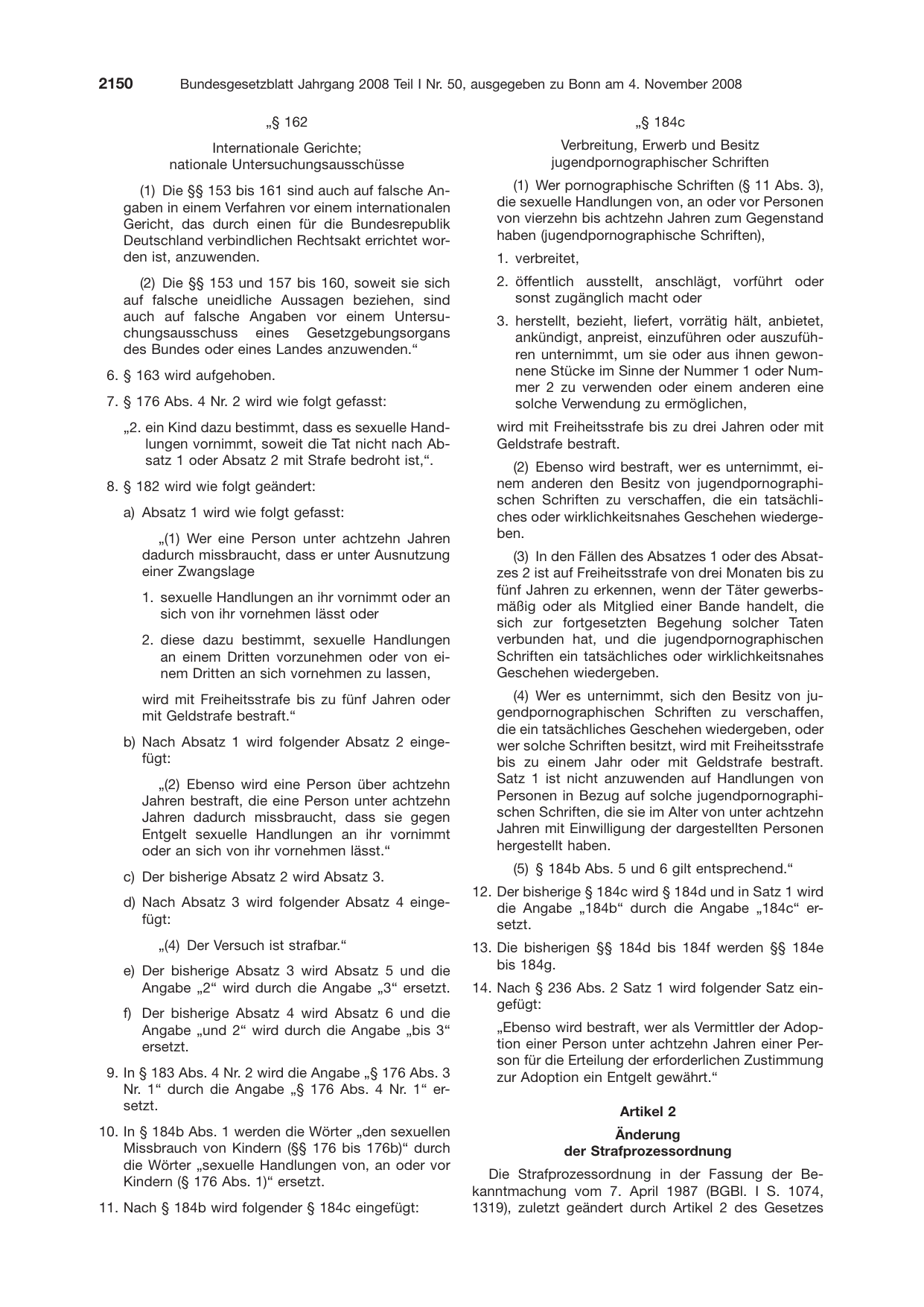 BGBl. 2008, Seite 2150 — Originalseite als Abbildung