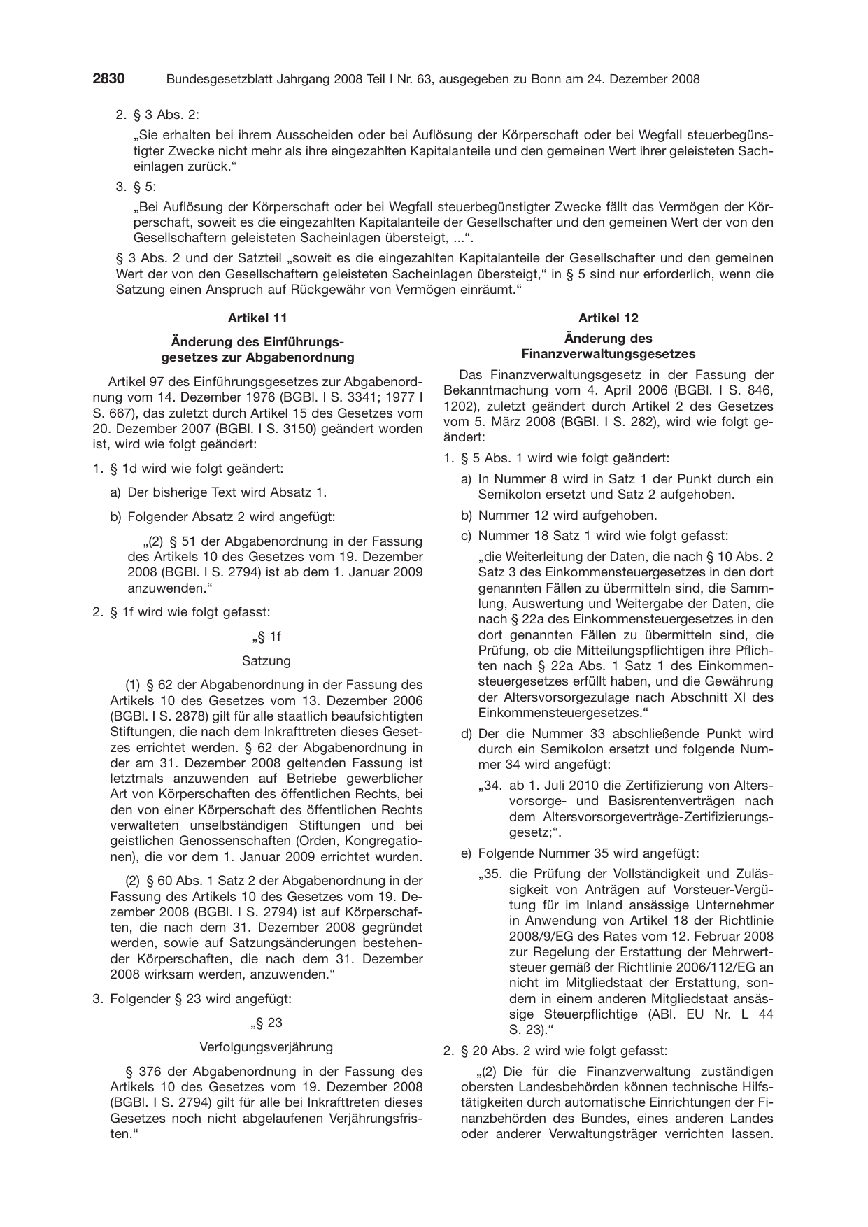 BGBl. 2008, Seite 2830 — Originalseite als Abbildung