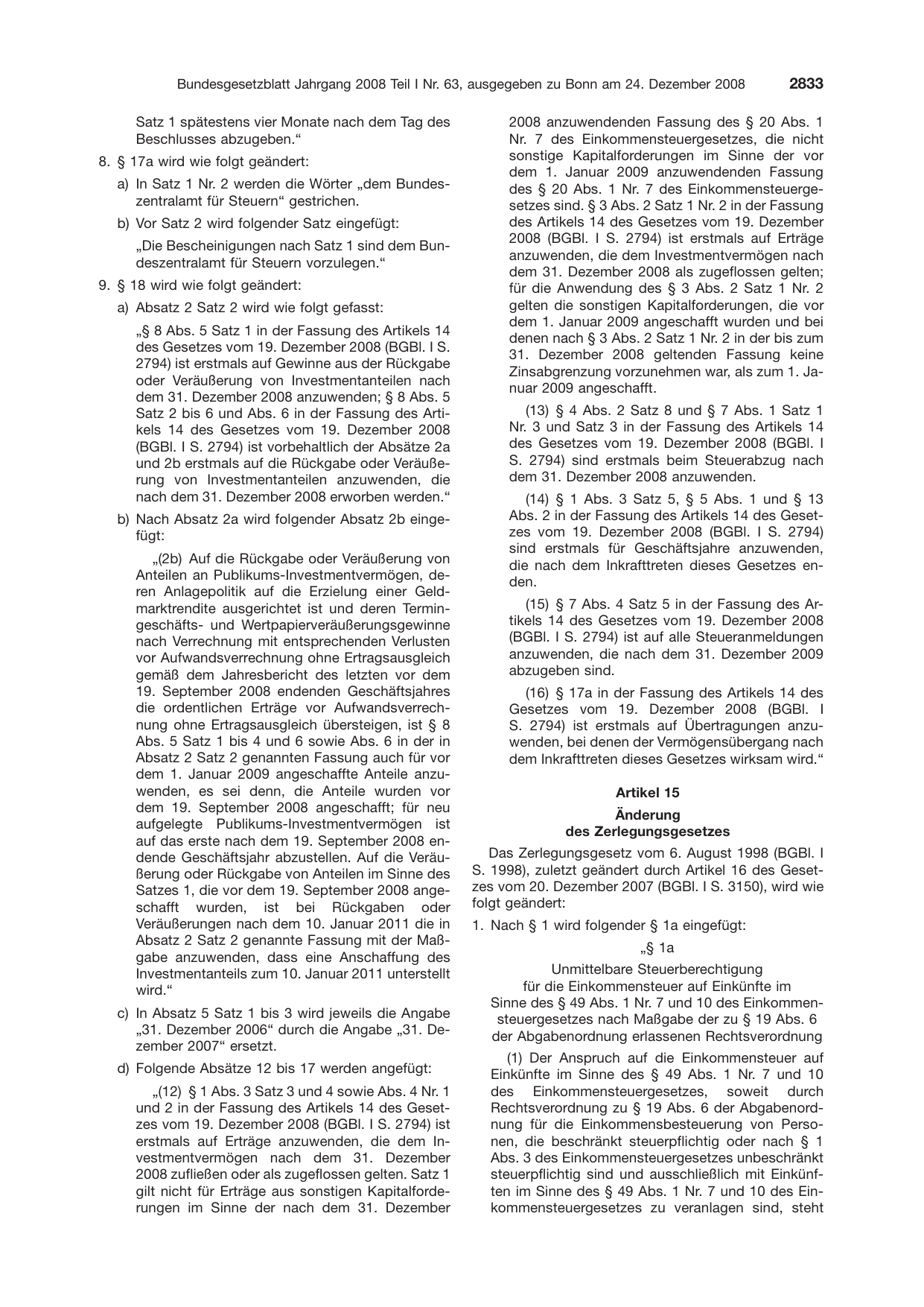 BGBl. 2008, Seite 2833 — Originalseite als Abbildung