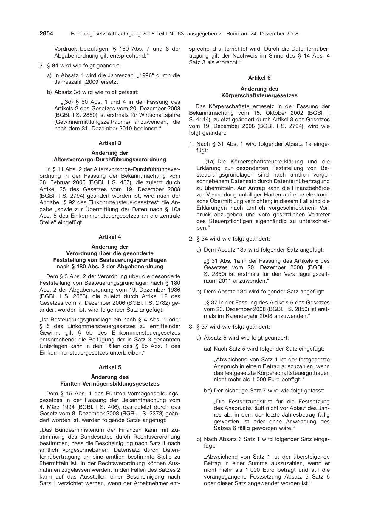 BGBl. 2008, Seite 2854 — Originalseite als Abbildung