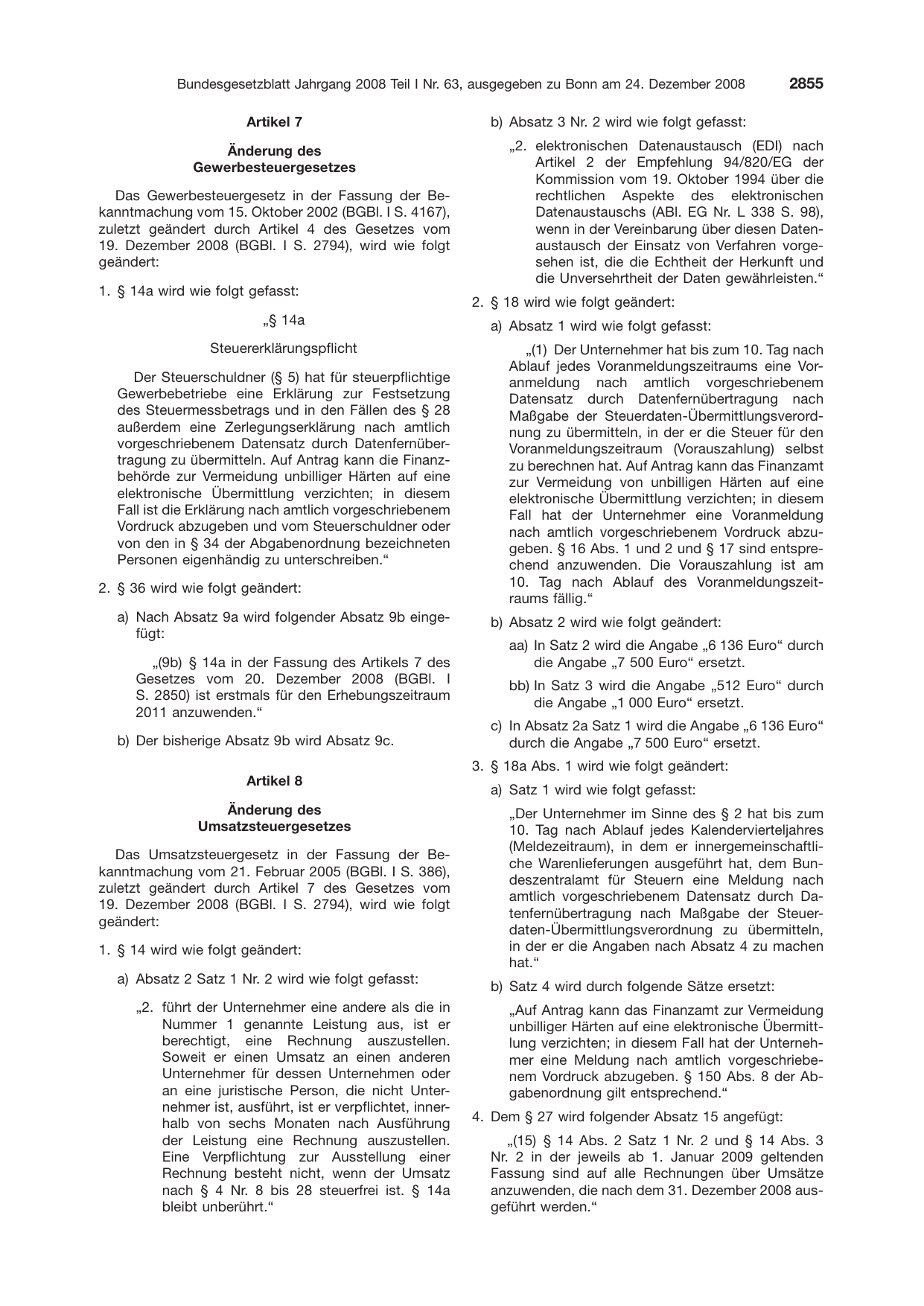 BGBl. 2008, Seite 2855 — Originalseite als Abbildung