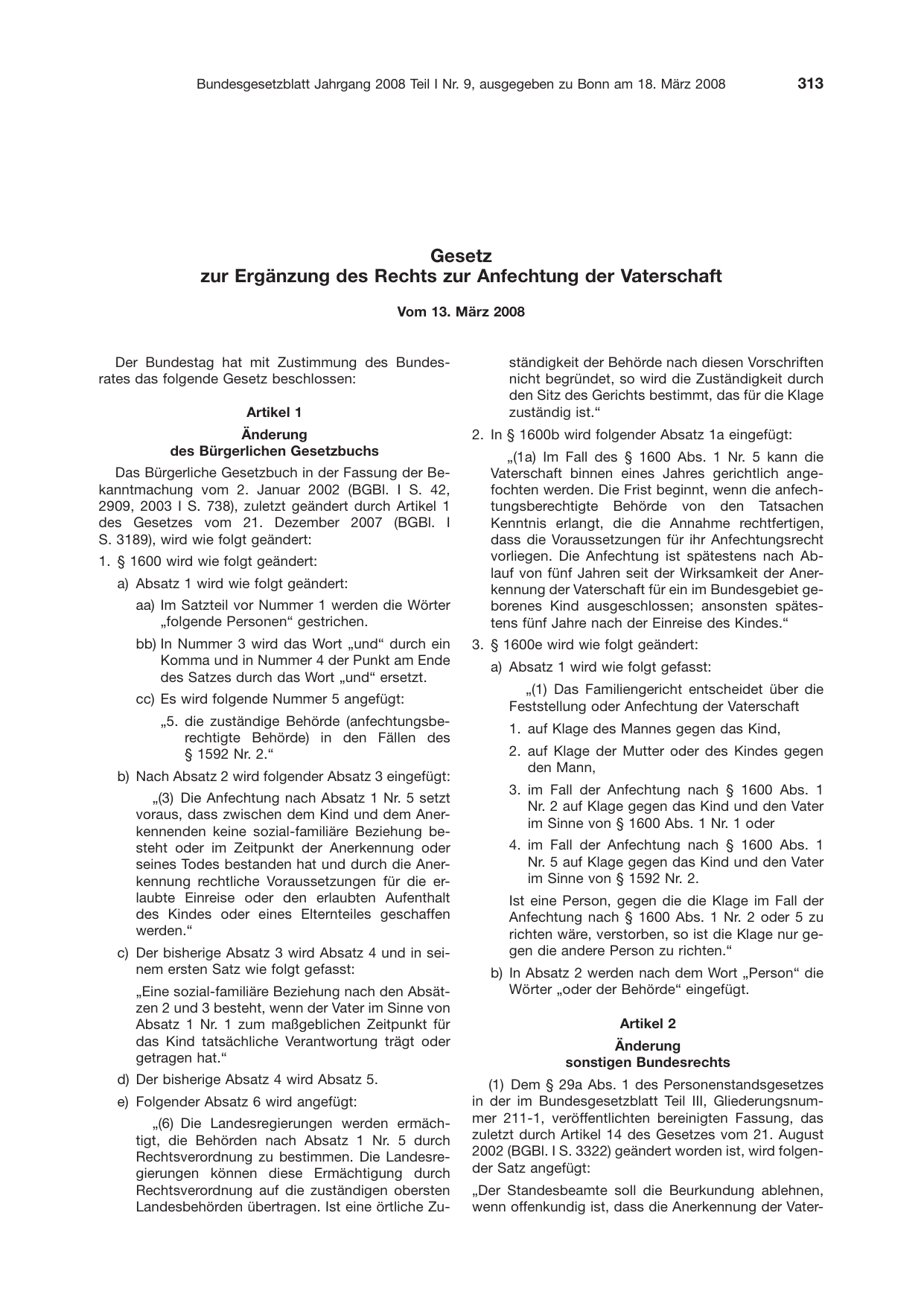 BGBl. 2008, Seite 313 — Originalseite als Abbildung