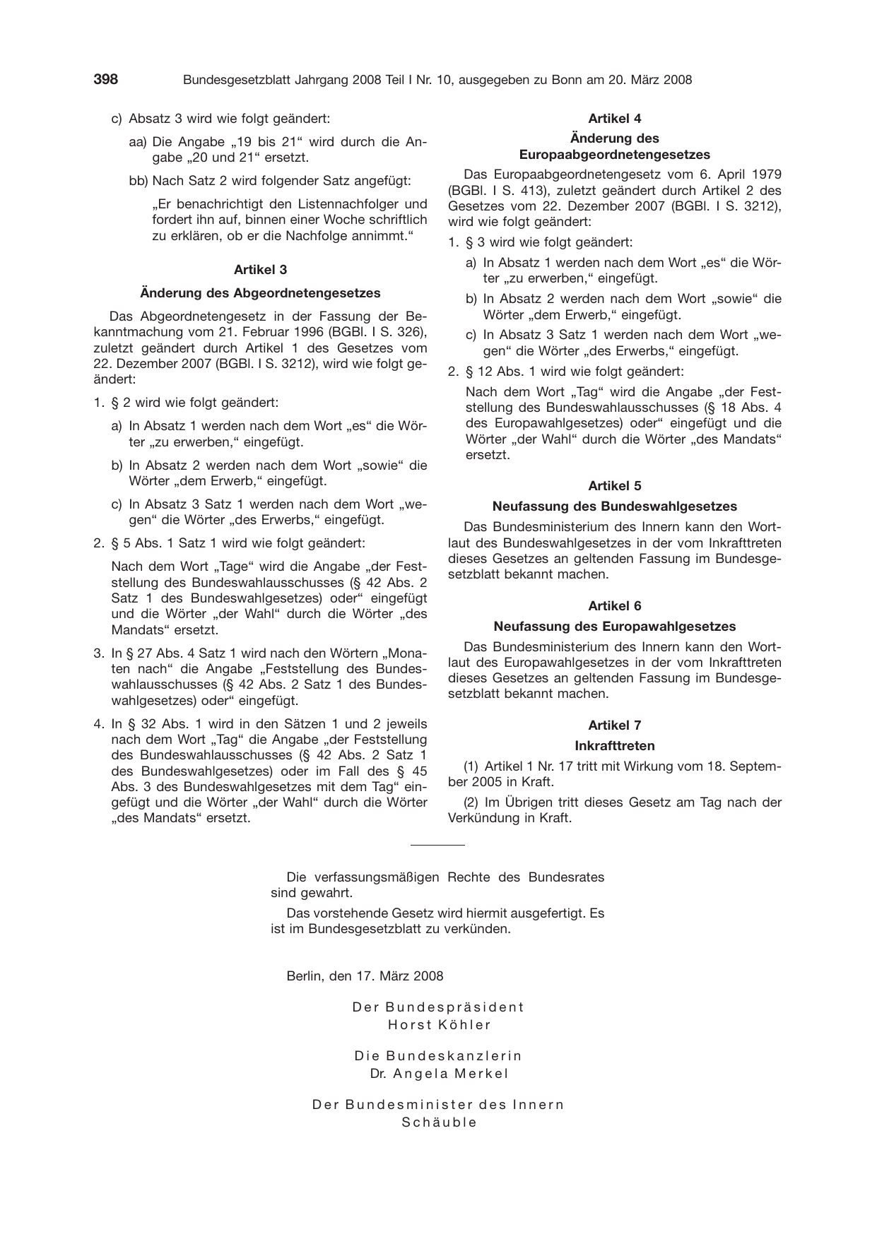 BGBl. 2008, Seite 398 — Originalseite als Abbildung
