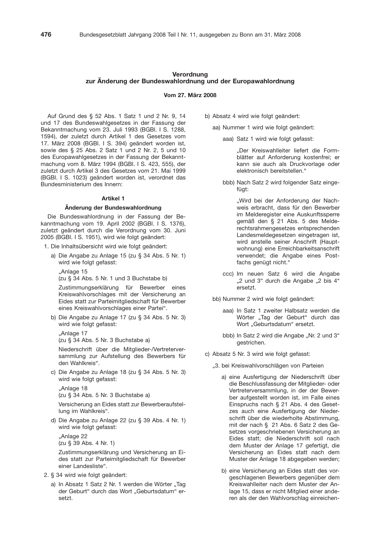 BGBl. 2008, Seite 476 — Originalseite als Abbildung