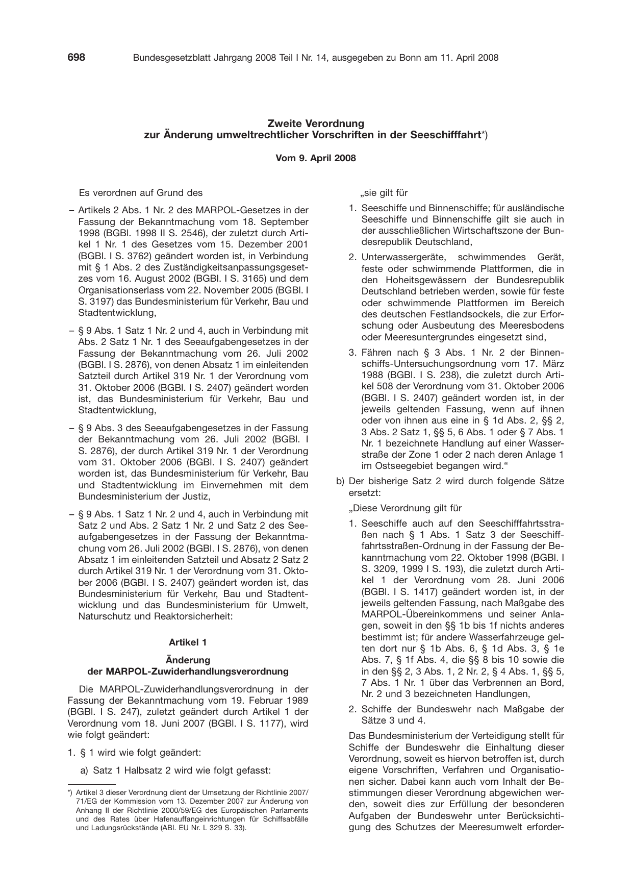 BGBl. 2008, Seite 698 — Originalseite als Abbildung