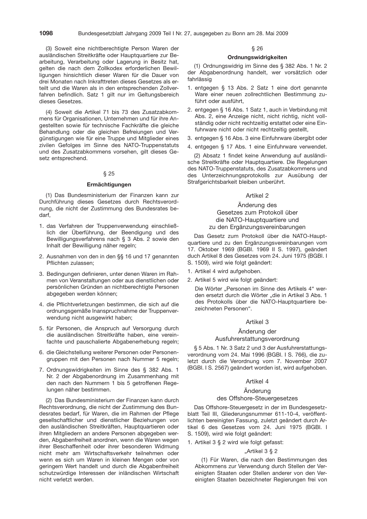 BGBl. 2009, Seite 1098 — Originalseite als Abbildung