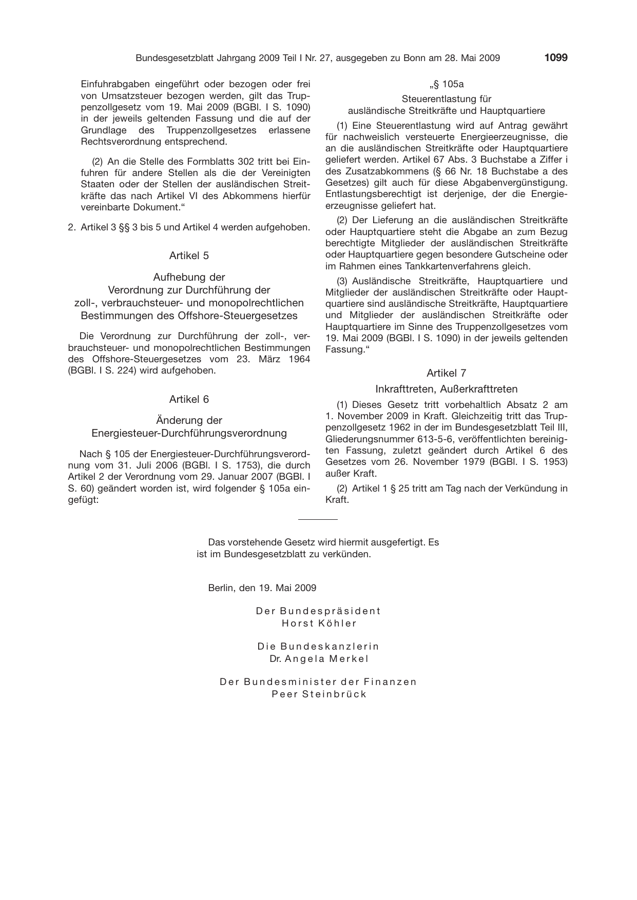 BGBl. 2009, Seite 1099 — Originalseite als Abbildung